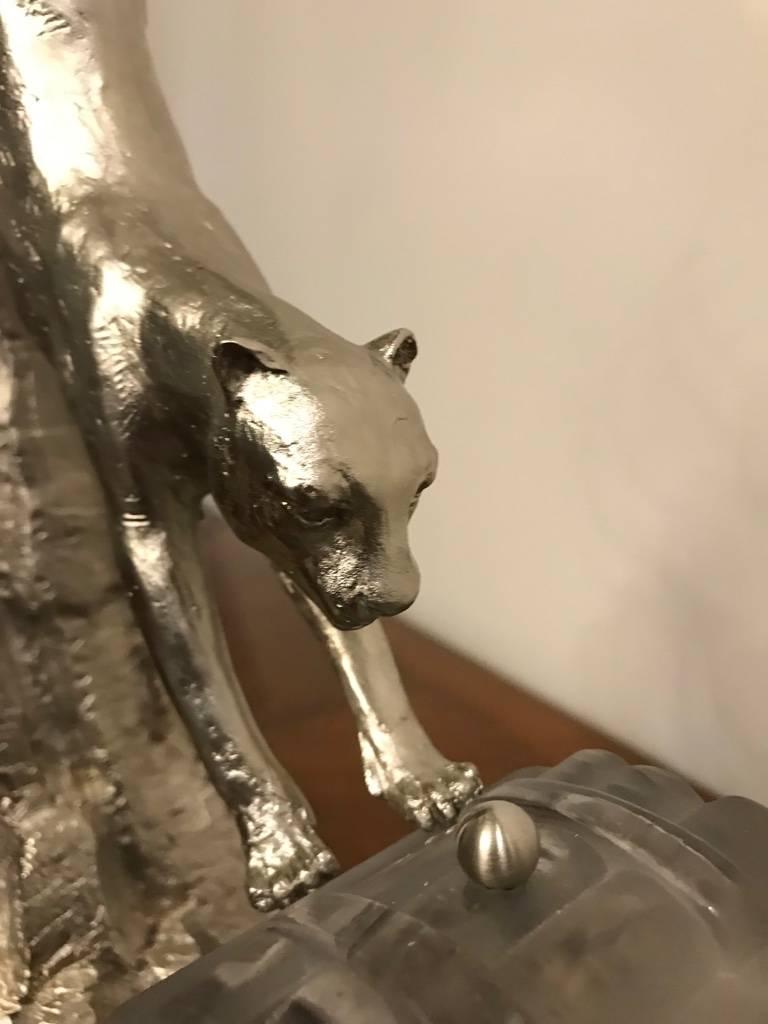 20th Century French Art Deco Table Lamp Bronze Mountain Lion Signed by Hugue