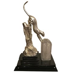 French Art Deco Table Lamp Bronze Mountain Lion Signed by Hugue