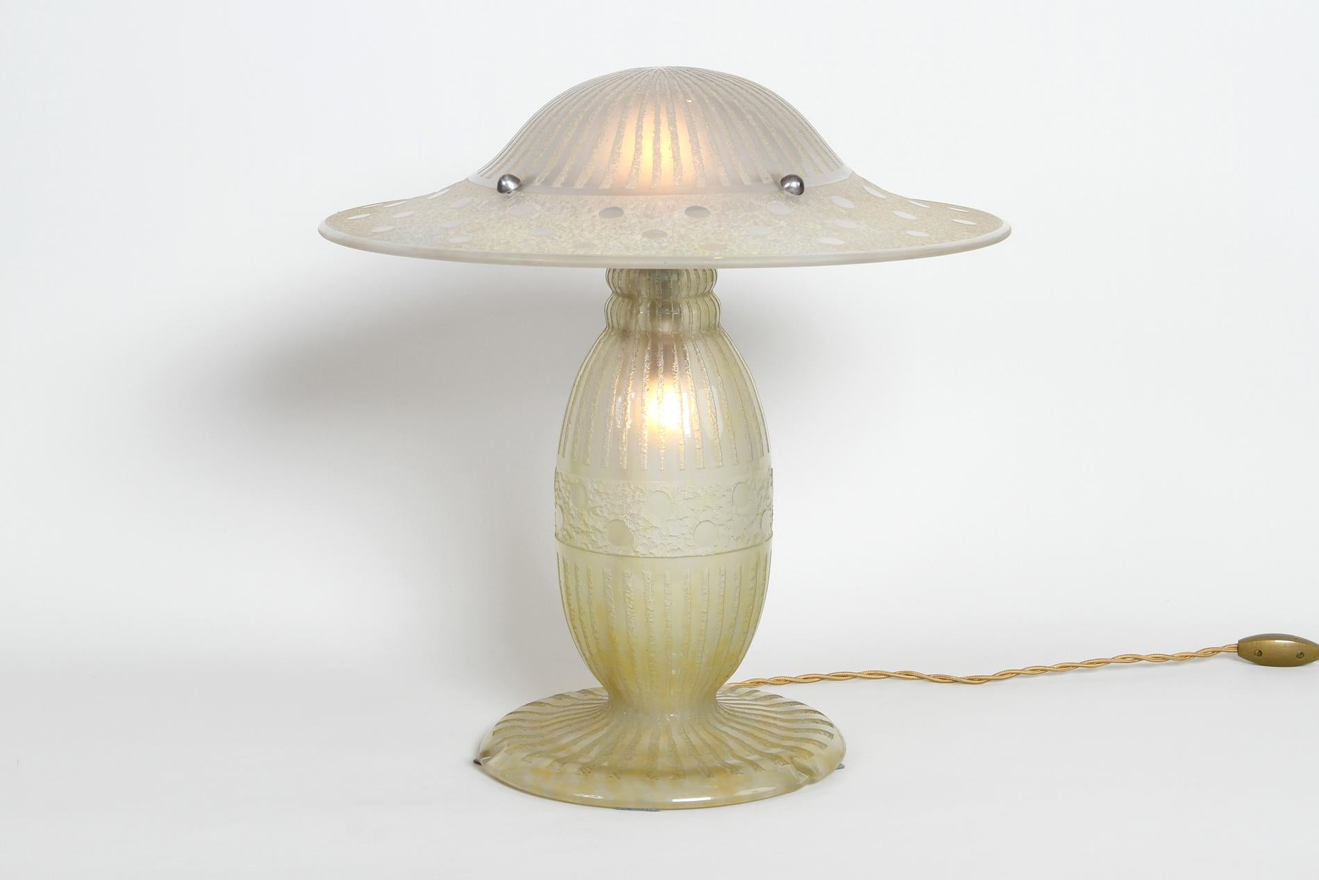 Original French Art Deco table lamp by Daum in thick, white glass with yellow patina, acid-etched decoration of lines and circles typical from the Daum line circa 1920. 