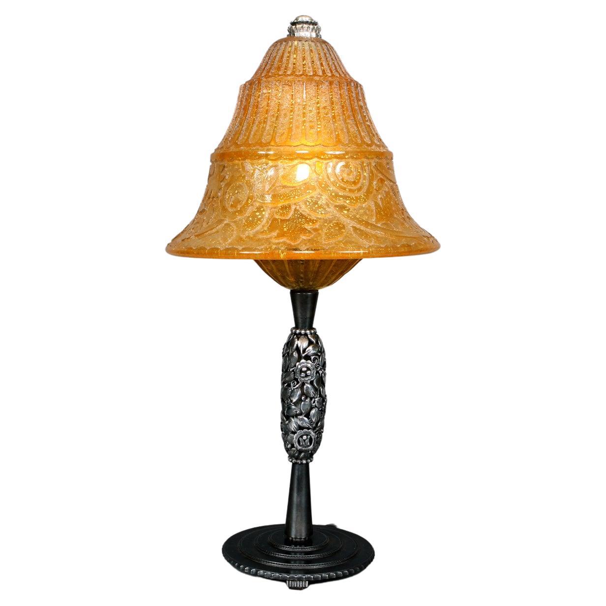 French Art Deco Table Lamp by Edgar Brandt and Daum Glass