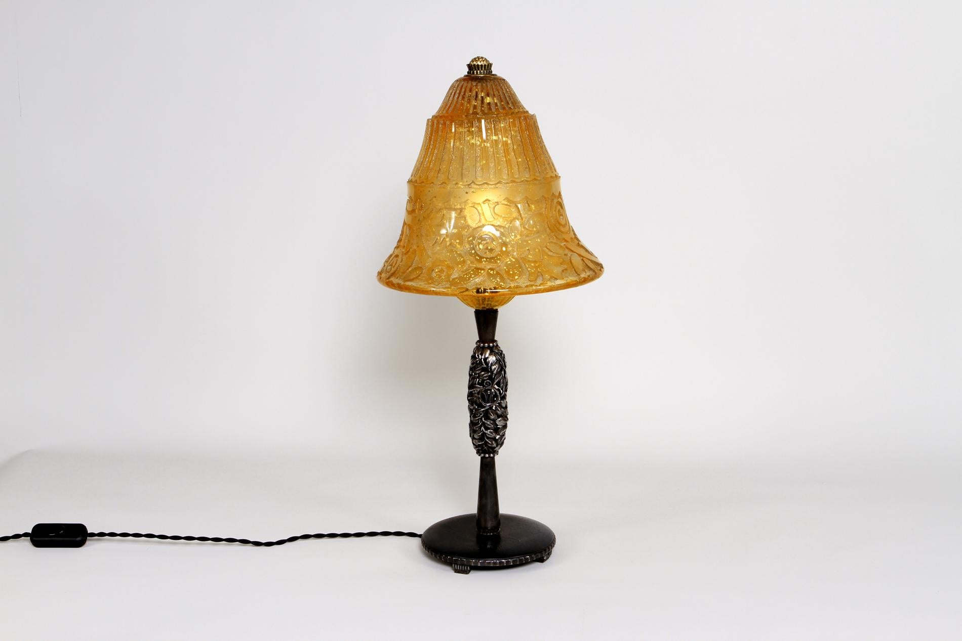 French Art Deco Table Lamp by Edgar Brandt and Daum Glass