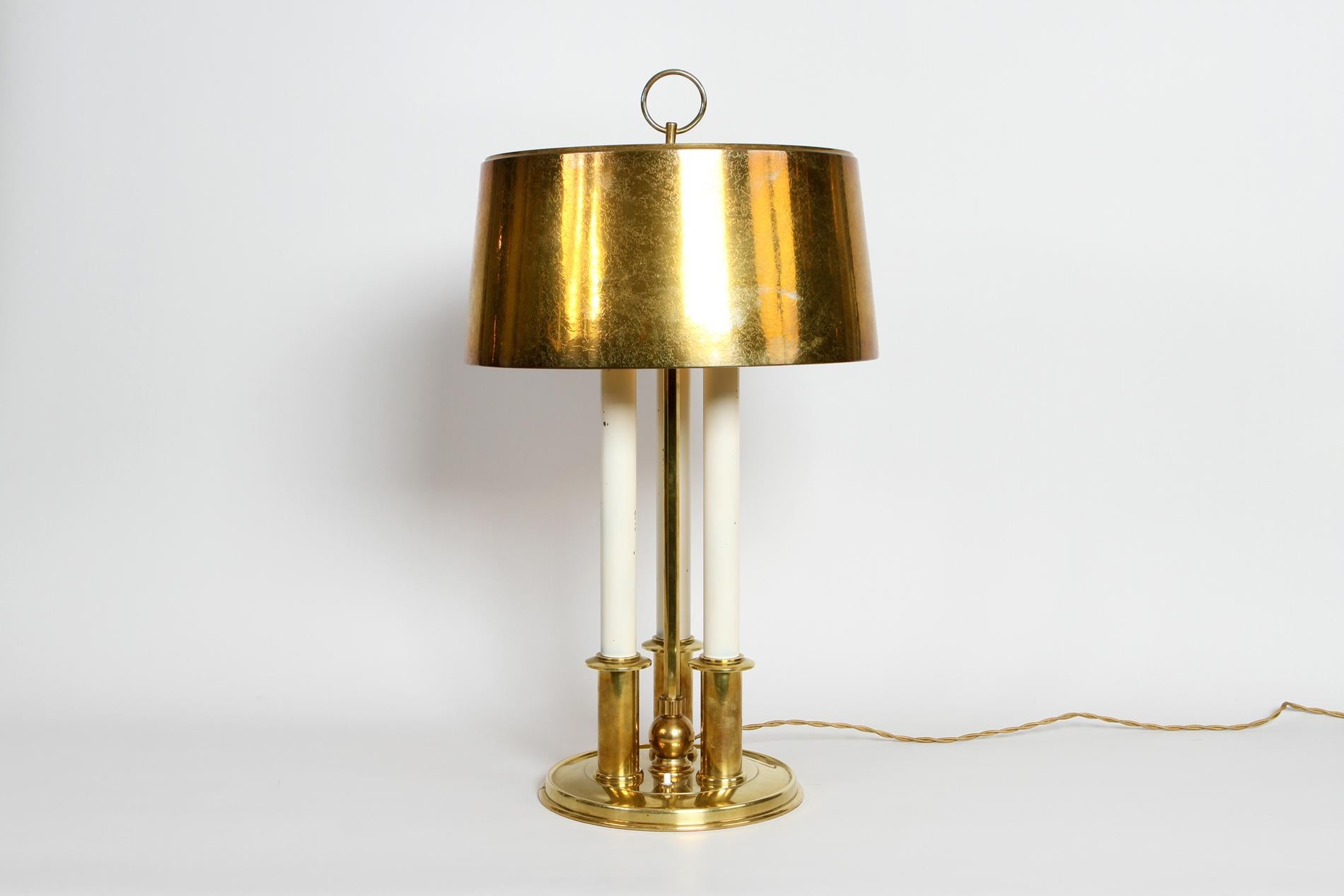 French Art Deco table lamp by Genet & Michon in acid-flocked gilded metal lampshade and  gilded bronze base. Original, Circa 1920. Documented in Mobilier et decoration 1947 page 59. 