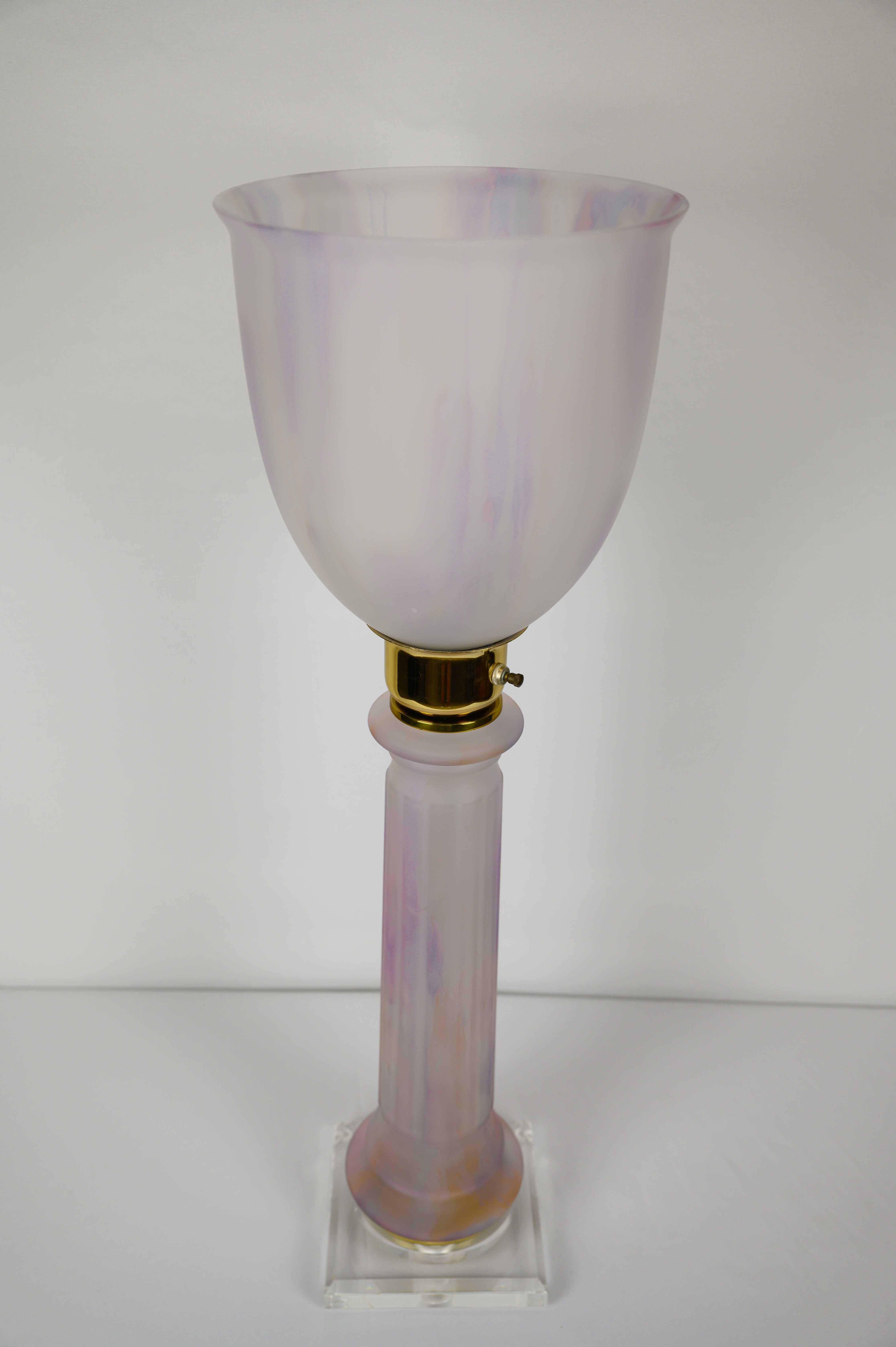 French Art Deco Table Lamp by Mazda Brass and Pale Pink Opaline  For Sale 4
