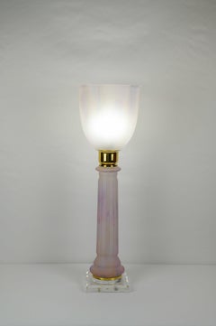 French Art Deco Table Lamp by Mazda Brass and Pale Pink Opaline