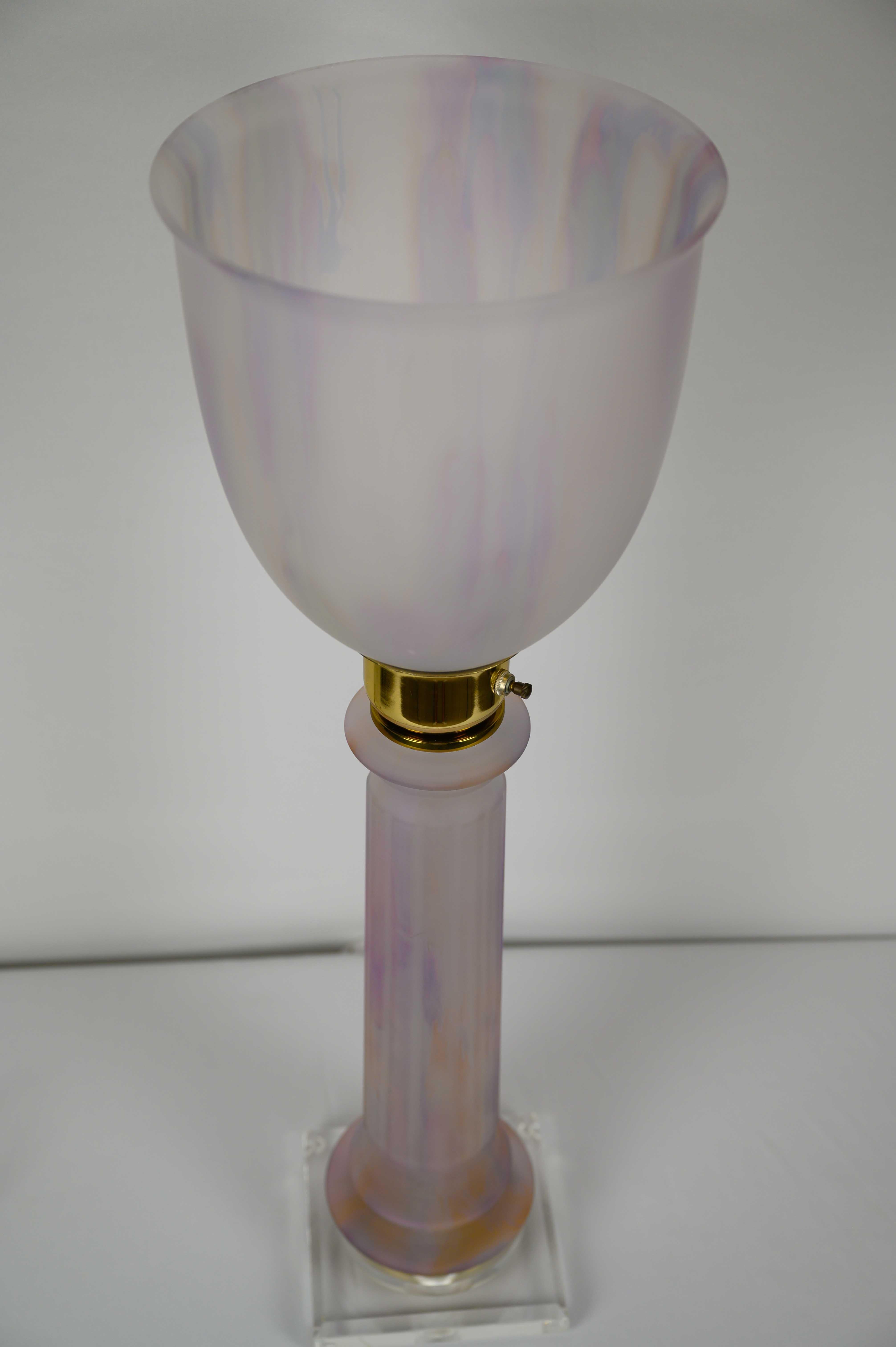 Frosted French Art Deco Table Lamp by Mazda Brass and Pale Pink Opaline  For Sale