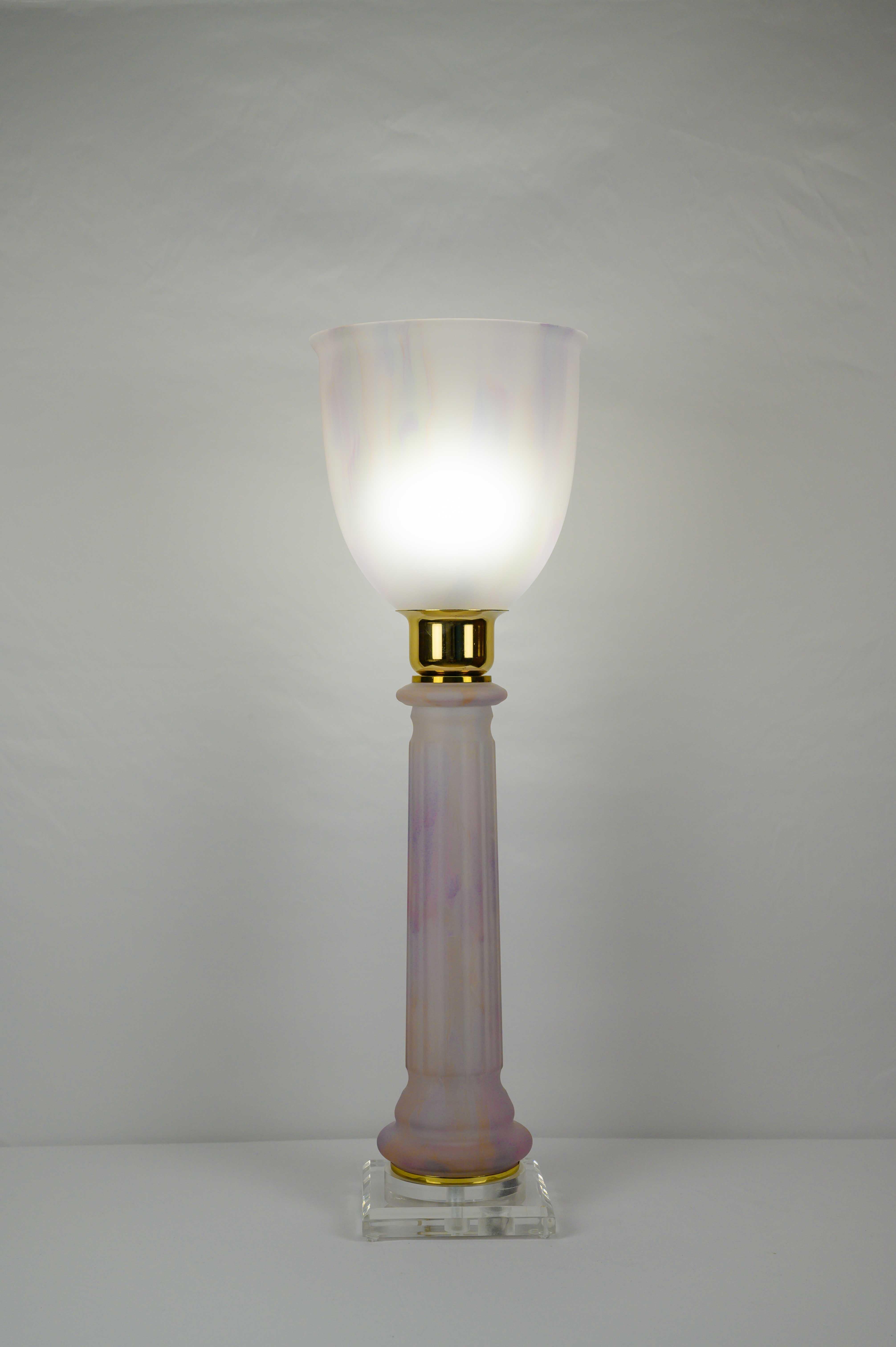 French Art Deco Table Lamp by Mazda Brass and Pale Pink Opaline  In Good Condition For Sale In Miami, FL