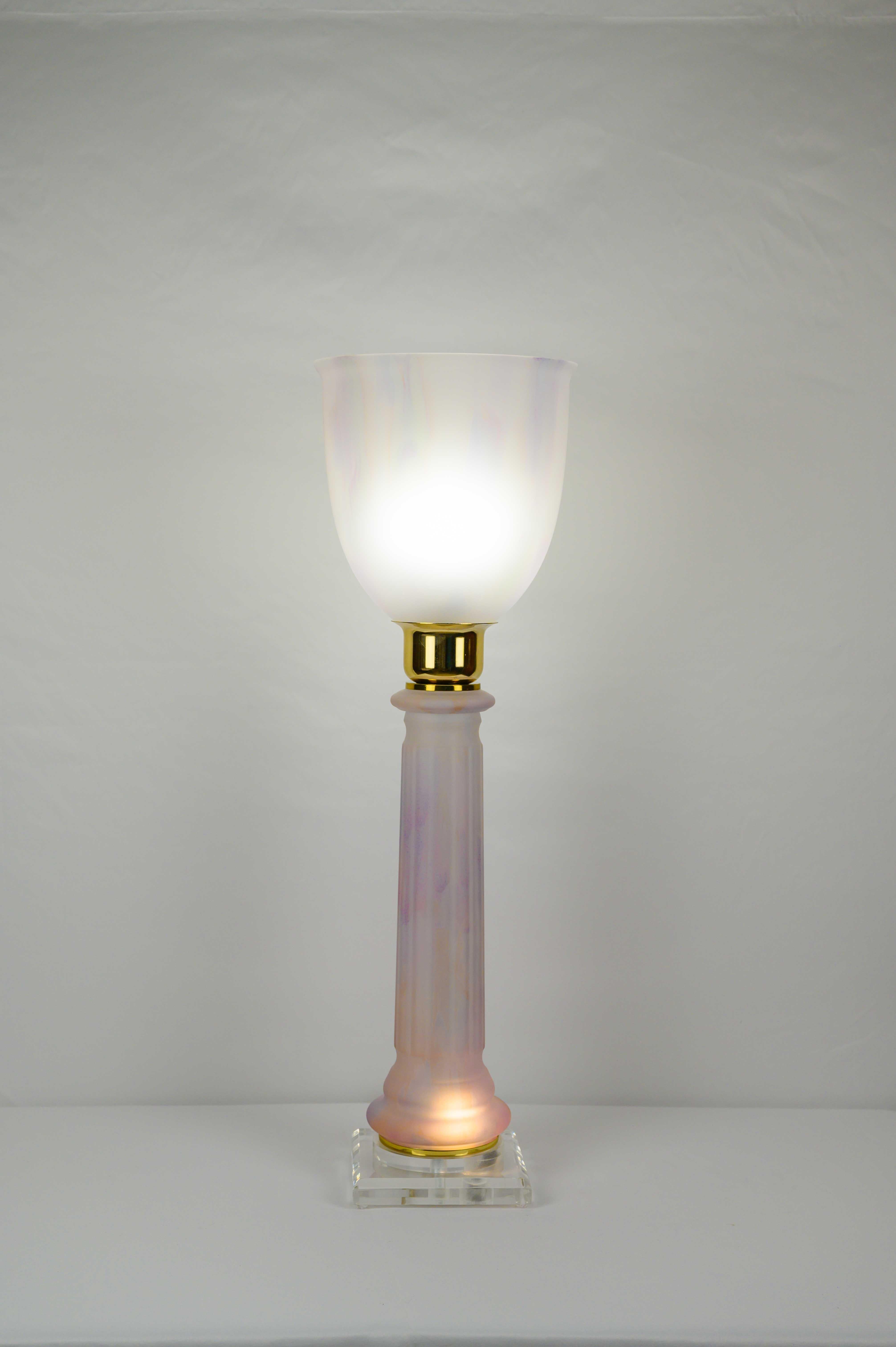 20th Century French Art Deco Table Lamp by Mazda Brass and Pale Pink Opaline  For Sale