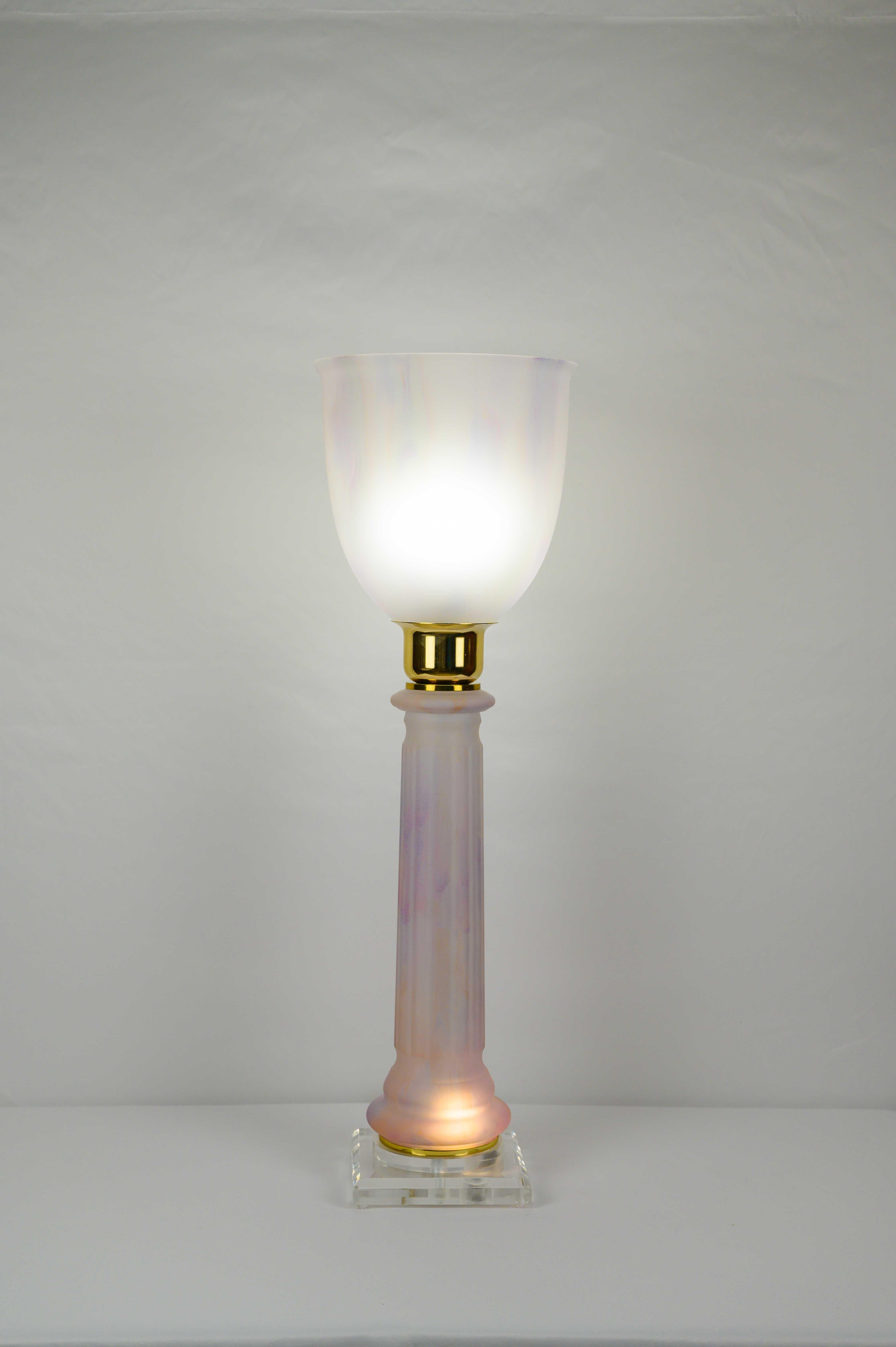 20th Century French Art Deco Table Lamp by Mazda Brass and Pale Pink Opaline For Sale