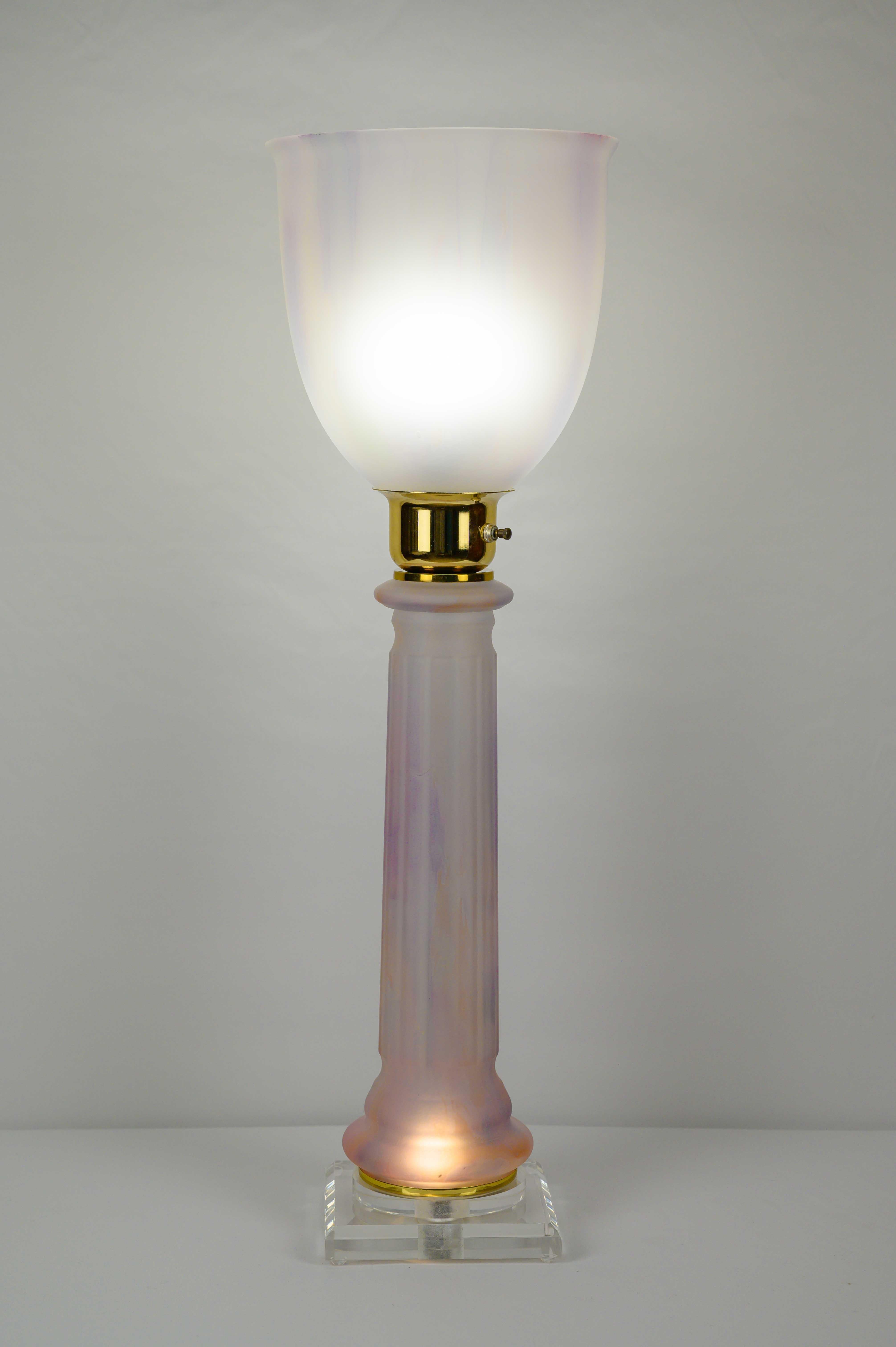 French Art Deco Table Lamp by Mazda Brass and Pale Pink Opaline  For Sale 2