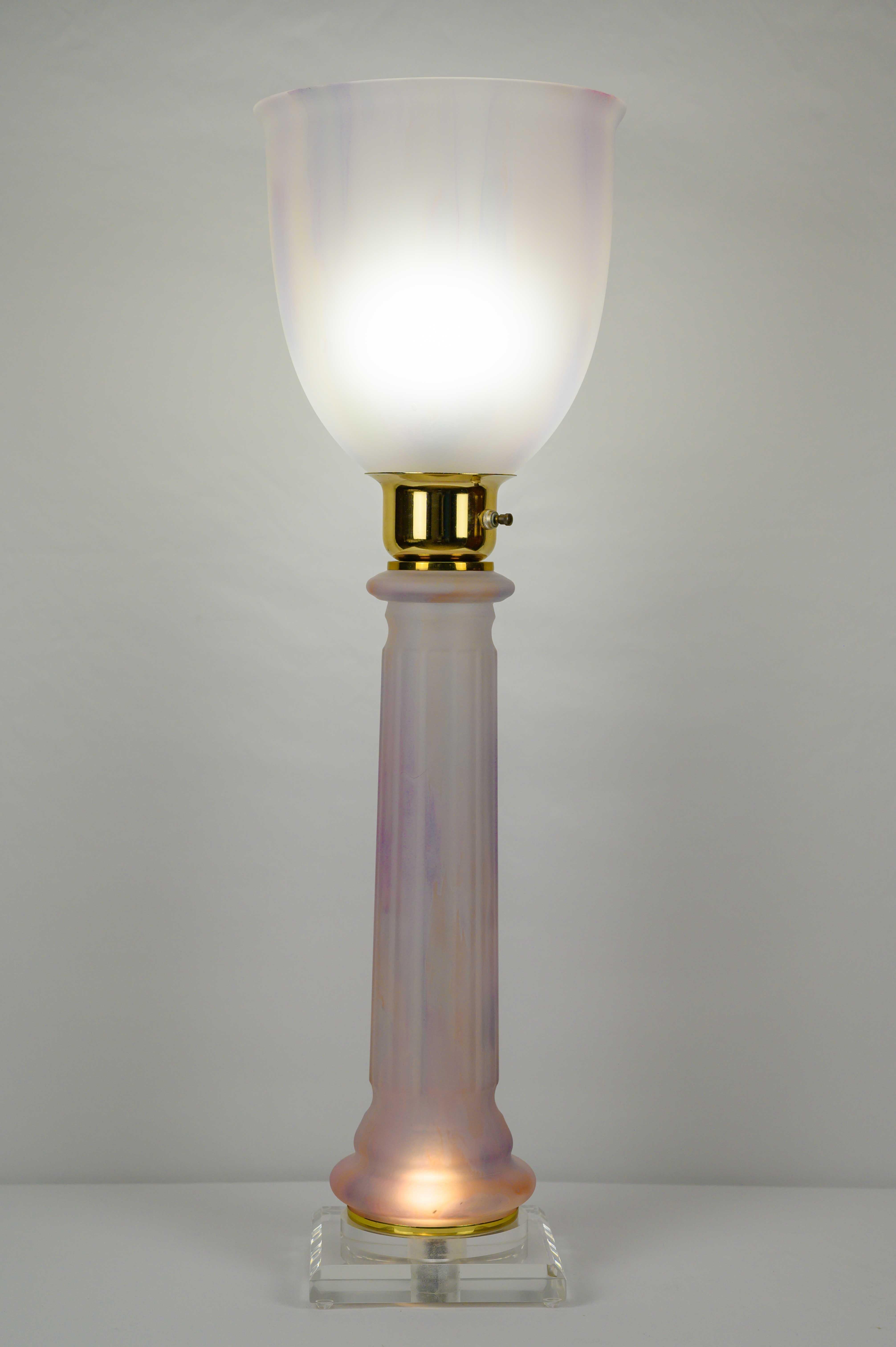 French Art Deco Table Lamp by Mazda Brass and Pale Pink Opaline  For Sale 3