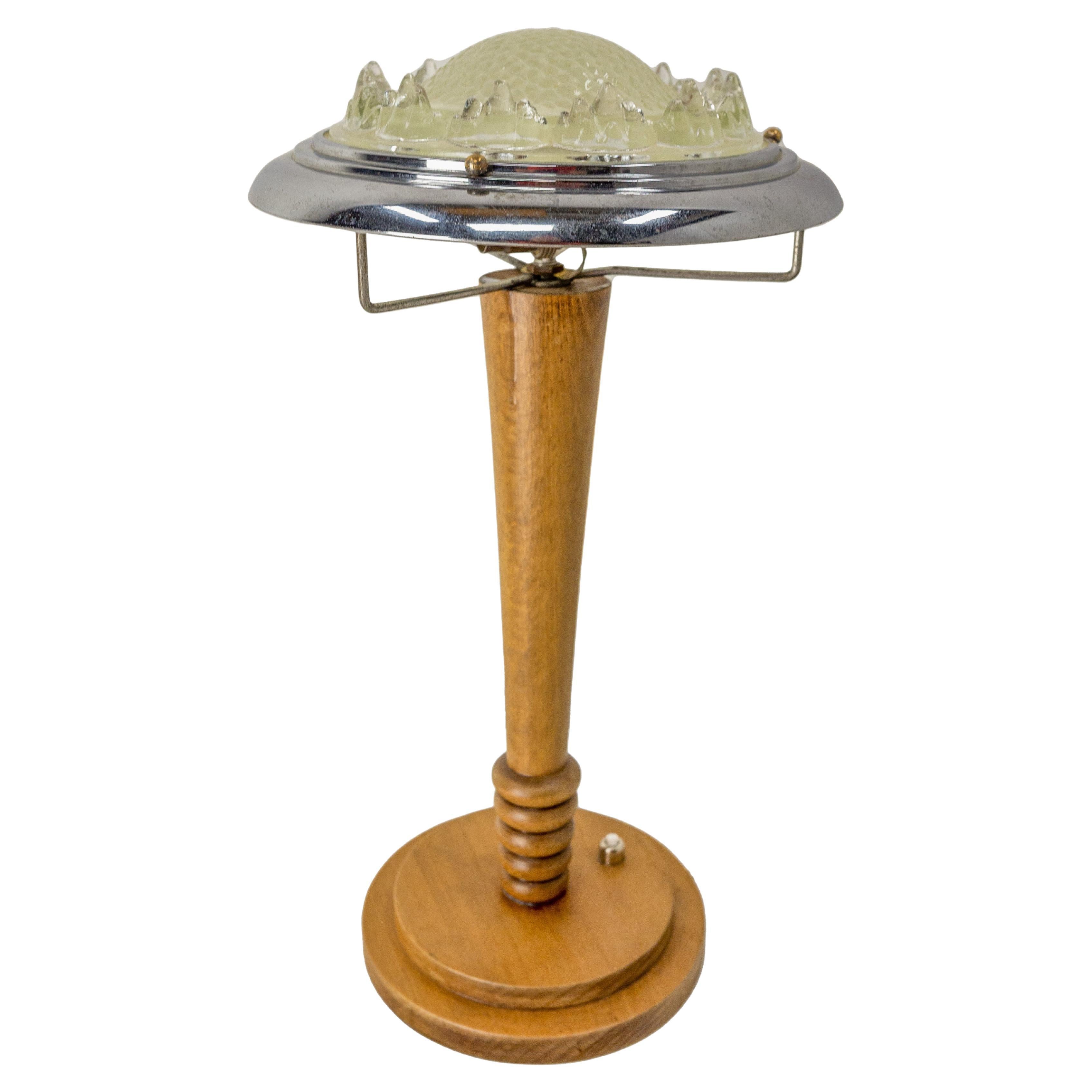 French Art Deco Table Lamp, Ezan Style, Beech, Chrome and Glass, circa 1930 For Sale