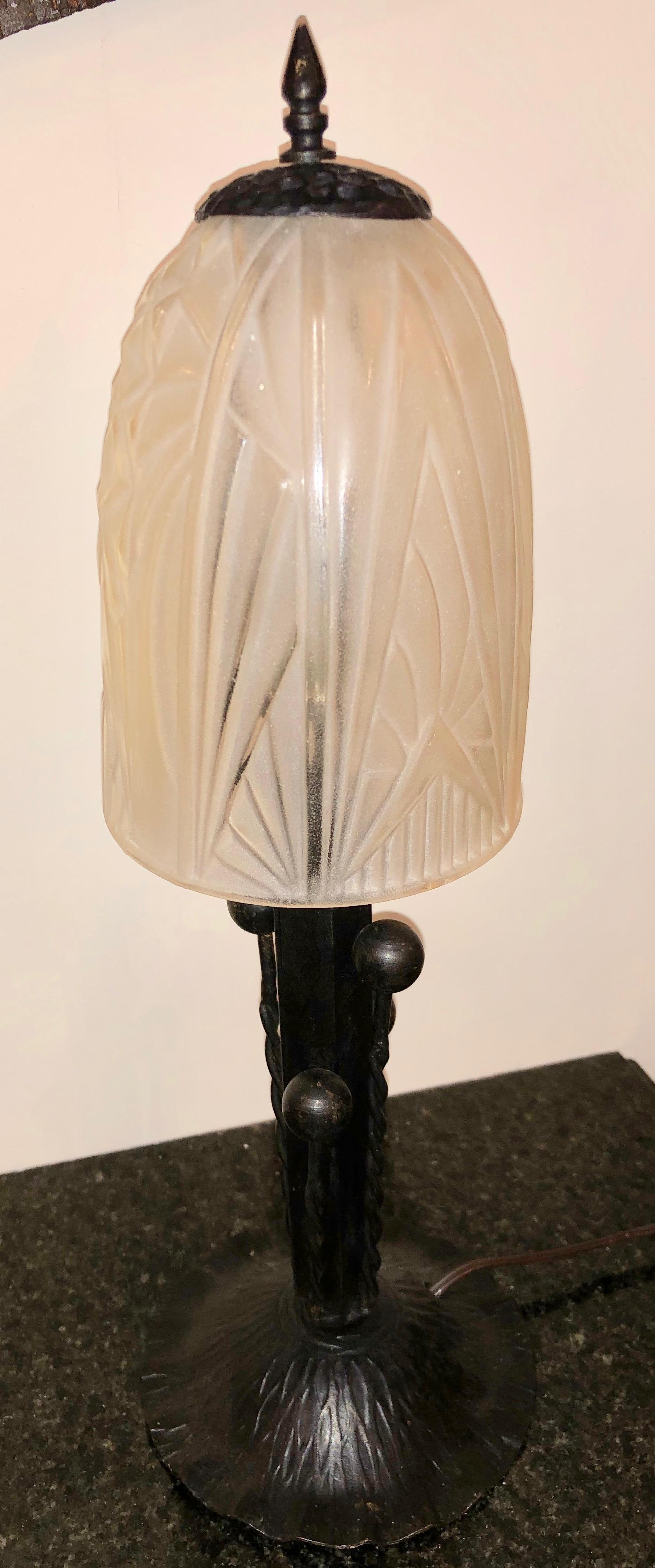 Mid-20th Century French Art Deco Table Lamp Fer Forge Modernist Glass For Sale