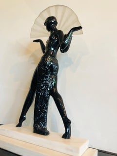 French Art Deco Table Lamp Figure with Handmade Glass Fan
