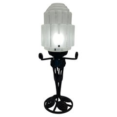 French Art Deco Table Lamp, Iron and Glass Art Deco Lamp circa 1925