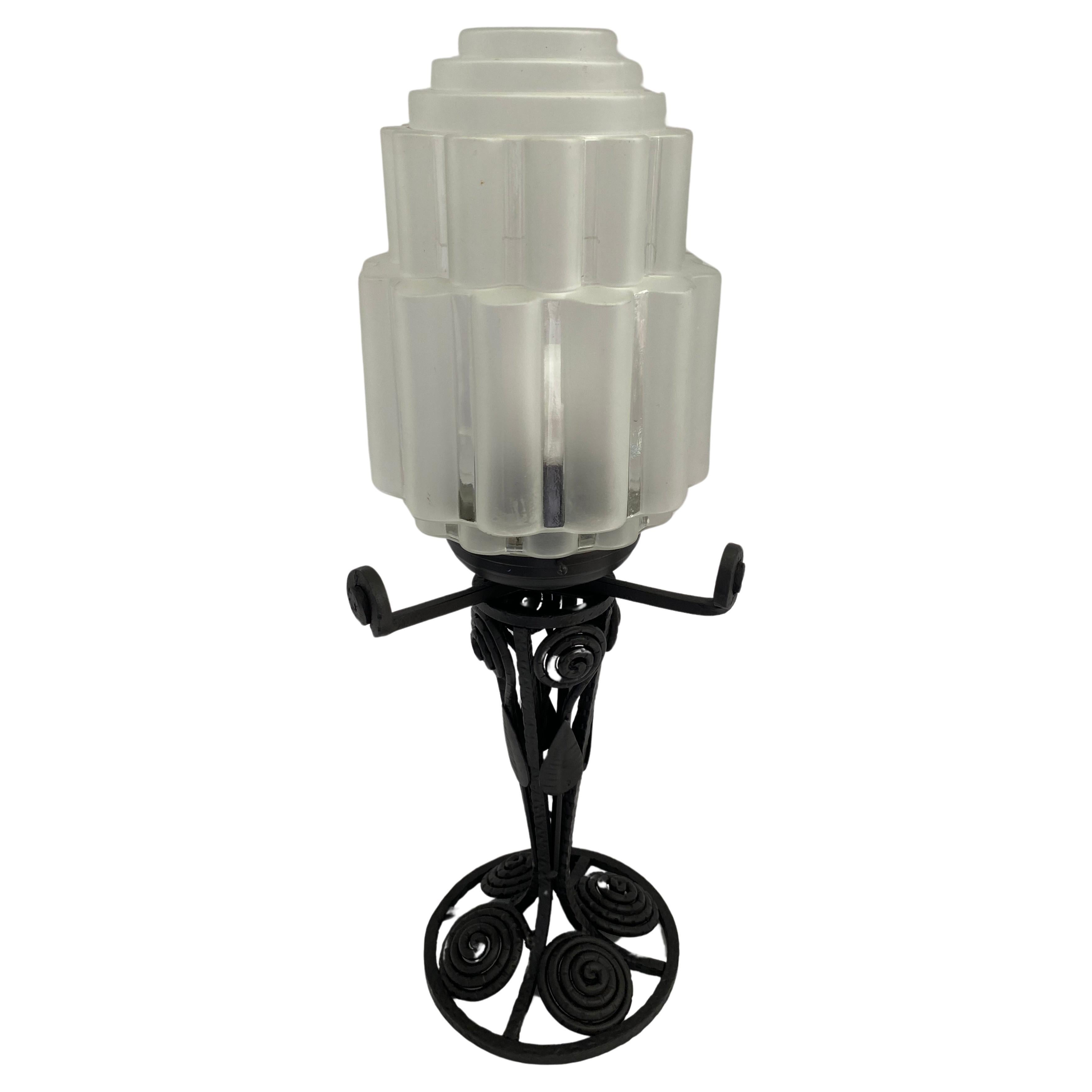French Art Deco Table Lamp, Iron and Glass Art Deco Lamp