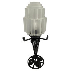 Lampada da tavolo Art Deco francese, lampada Art Deco in ferro e vetro