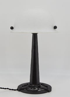 French Art Deco Table Lamp, Glass & Wrought Iron, 1920