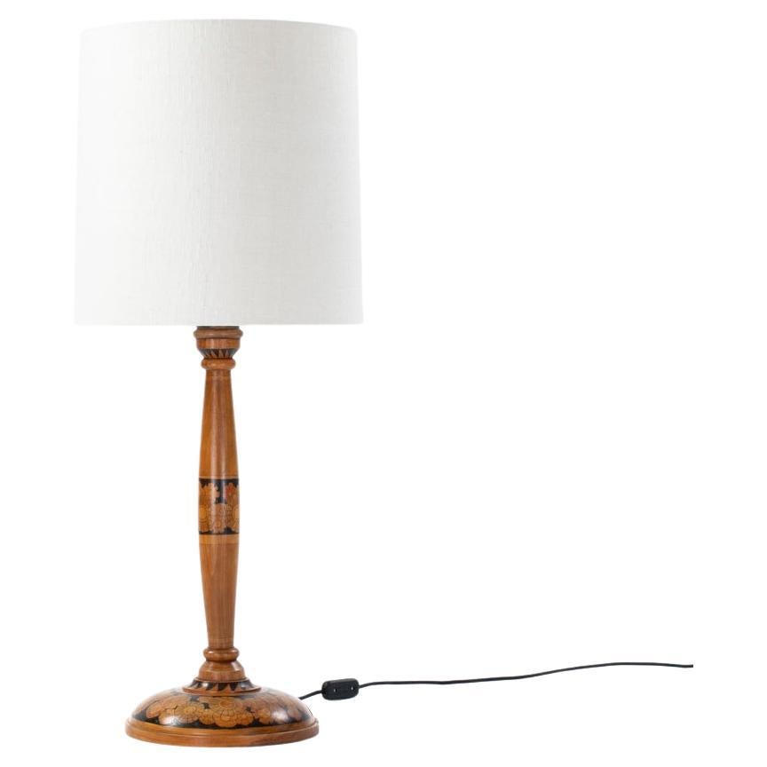 French Art Deco Table Lamp in Walnut with Stylized Floral Decoration 1920s