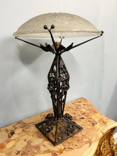 French Art Deco Table Lamp Iron Frosted Glass Light 1930