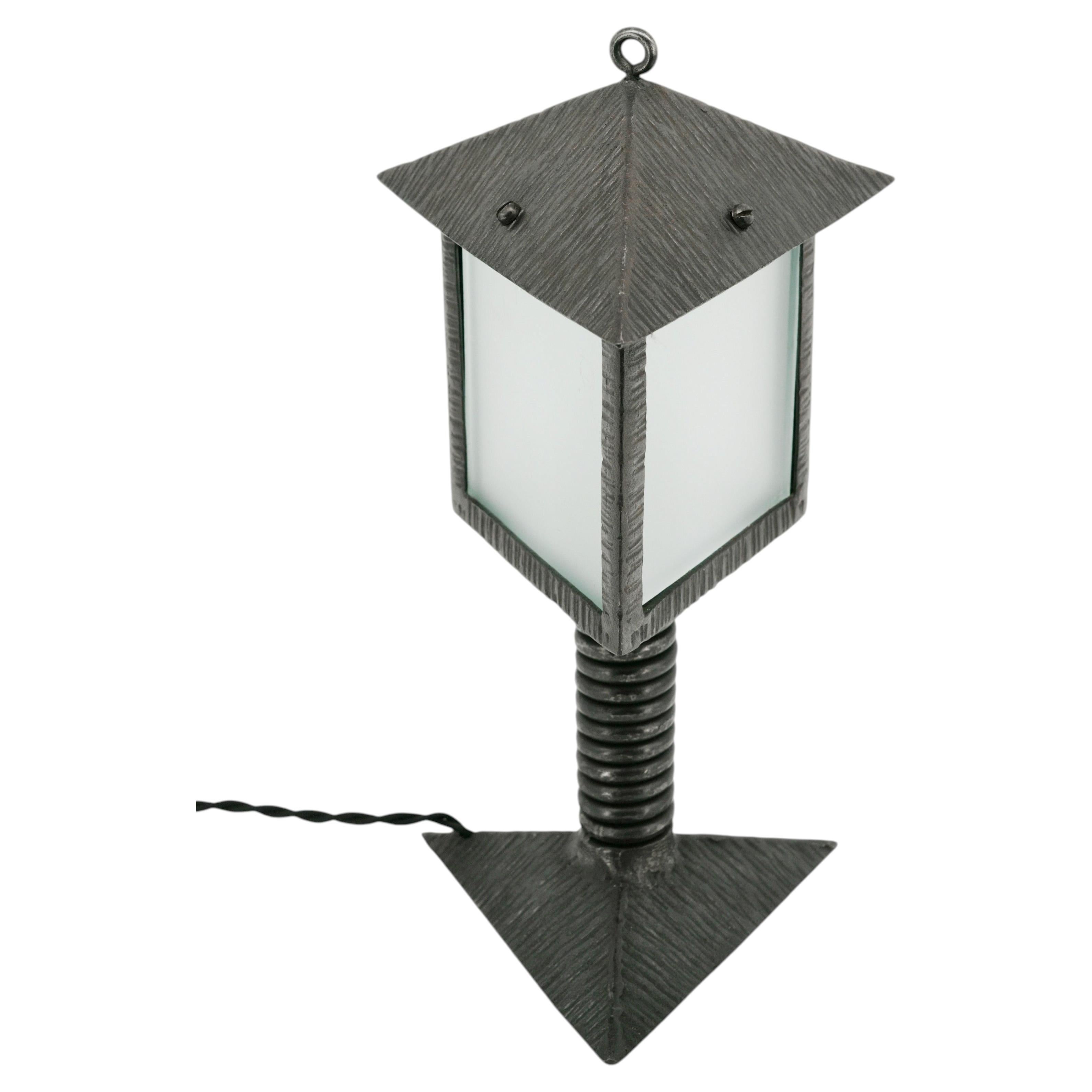 French Art Deco Table Lamp Lantern, Wrought Iron & Glass, 1920s Design For Sale
