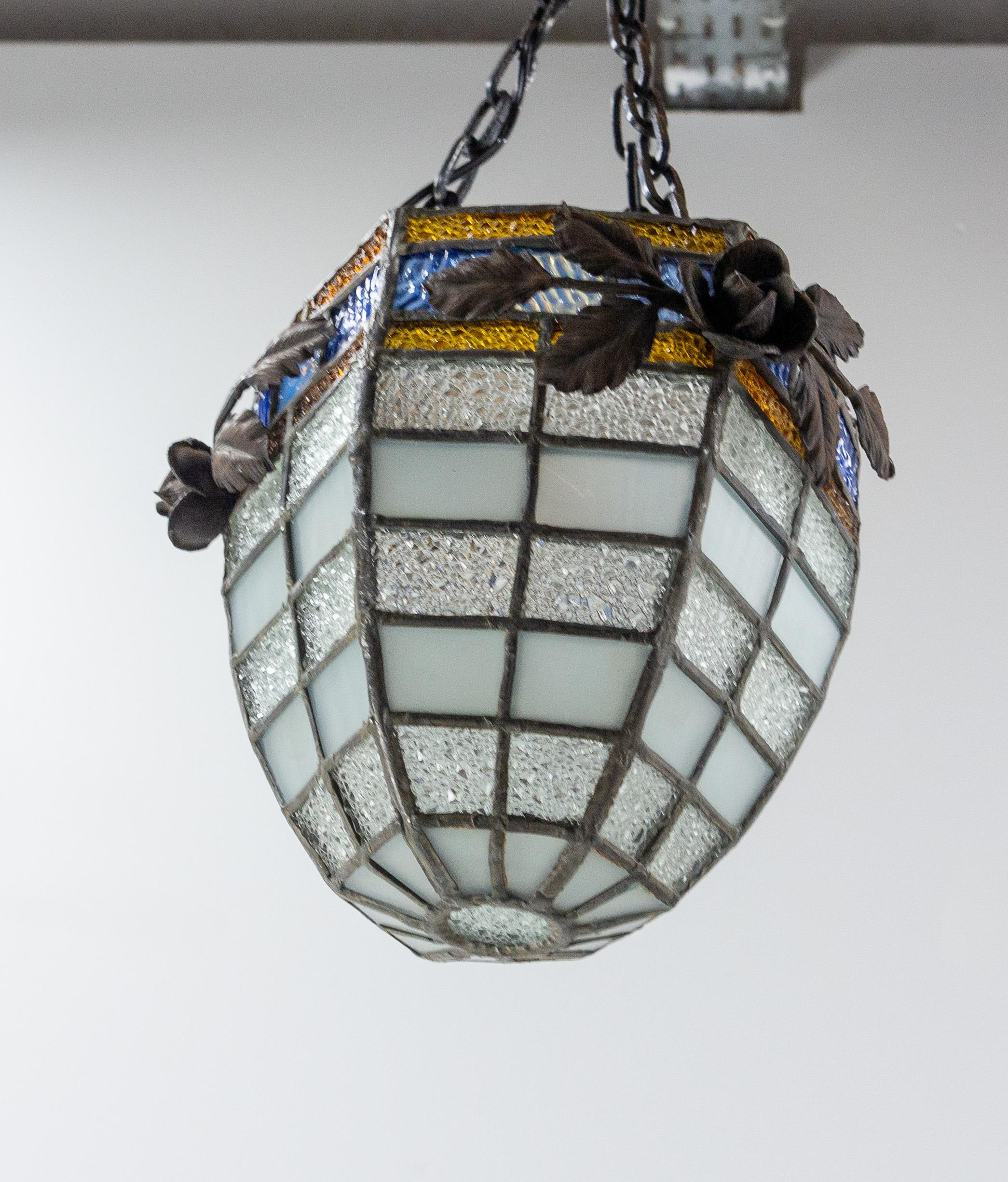Französische Art-Déco-Tischlampe, Blei und strukturiertes Glas, um 1930 im Angebot 4