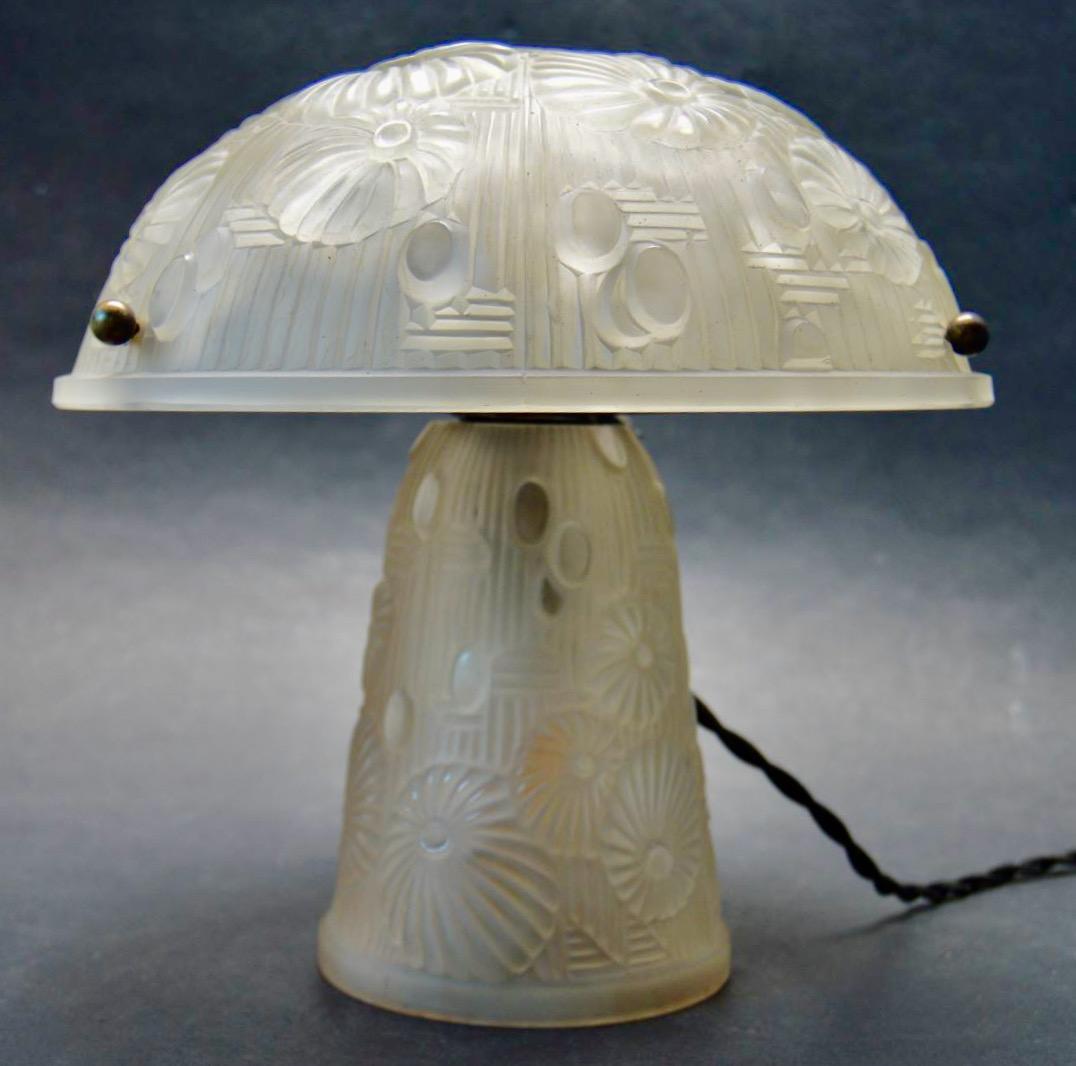 Iron French Art Deco Table Lamp Moulded Glass Mushroom Shape