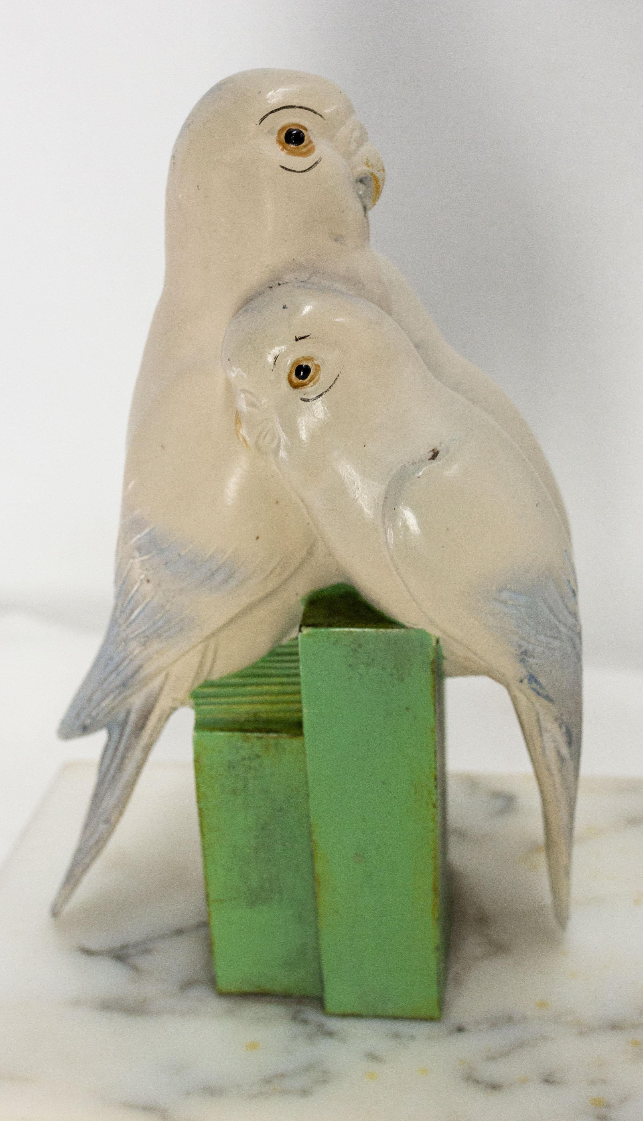 Glass French Art Deco Table Lamp, Painted Spelter & Marble, Three Parakeets, c. 1930 For Sale