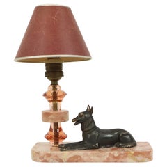 French Art Deco Table Lamp Pink Marble Glass Shepherd Dog
