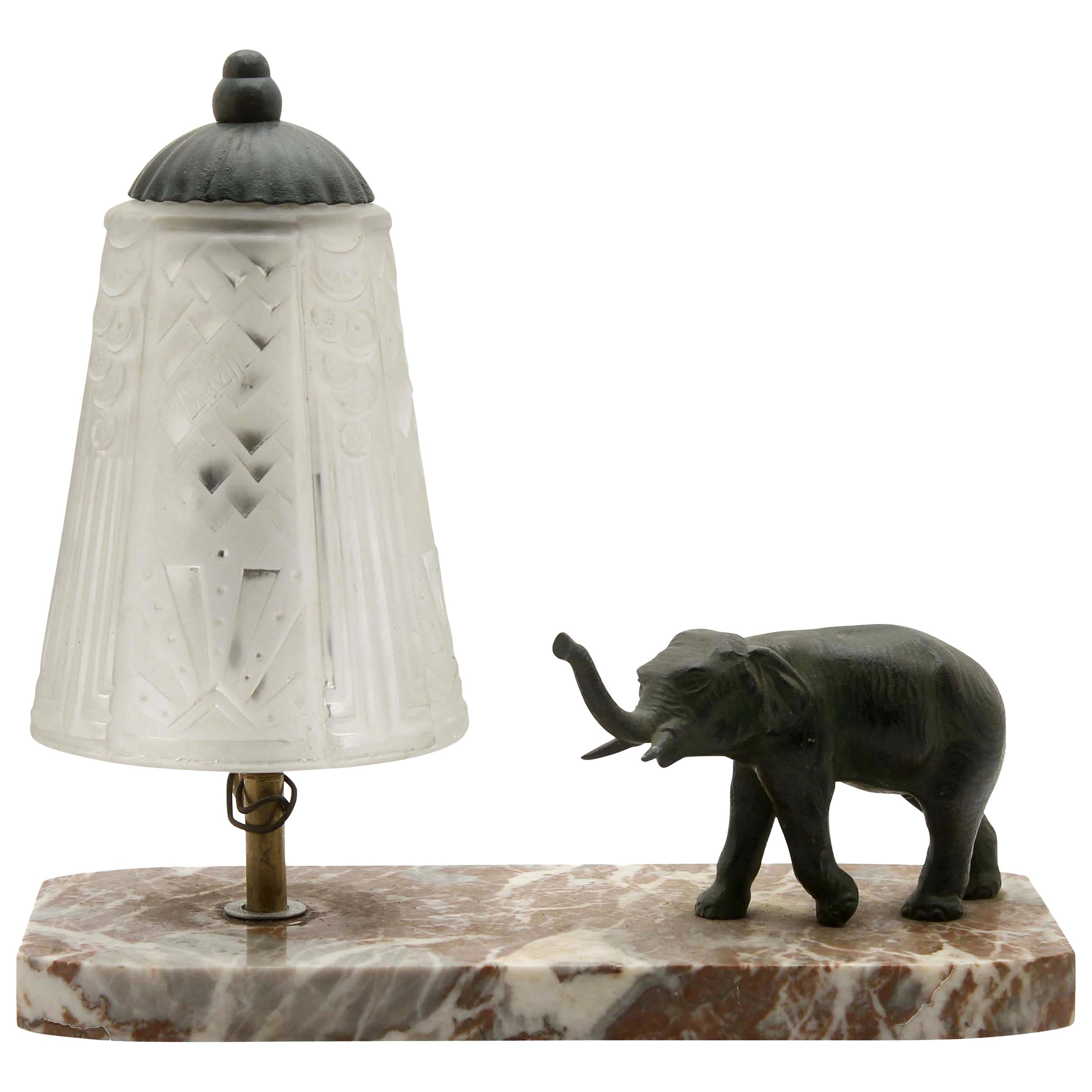 French Art Deco Table Lamp Signed by Muller Frères with Bronze Elephant Motif