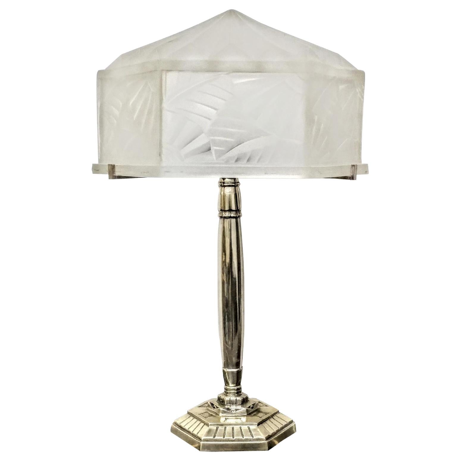 French Art Deco Table Lamp Signed Degue For Sale