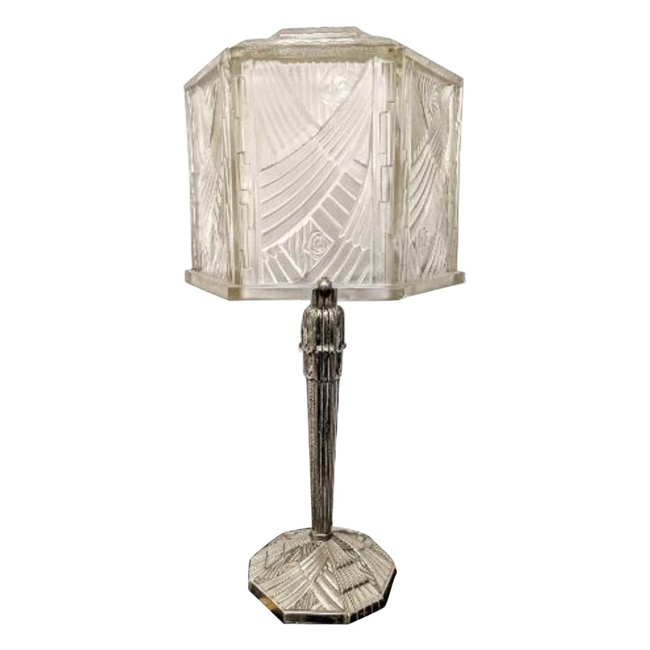 French Art Deco Table Lamp Signed Hettier & Vincent (pair available) For Sale
