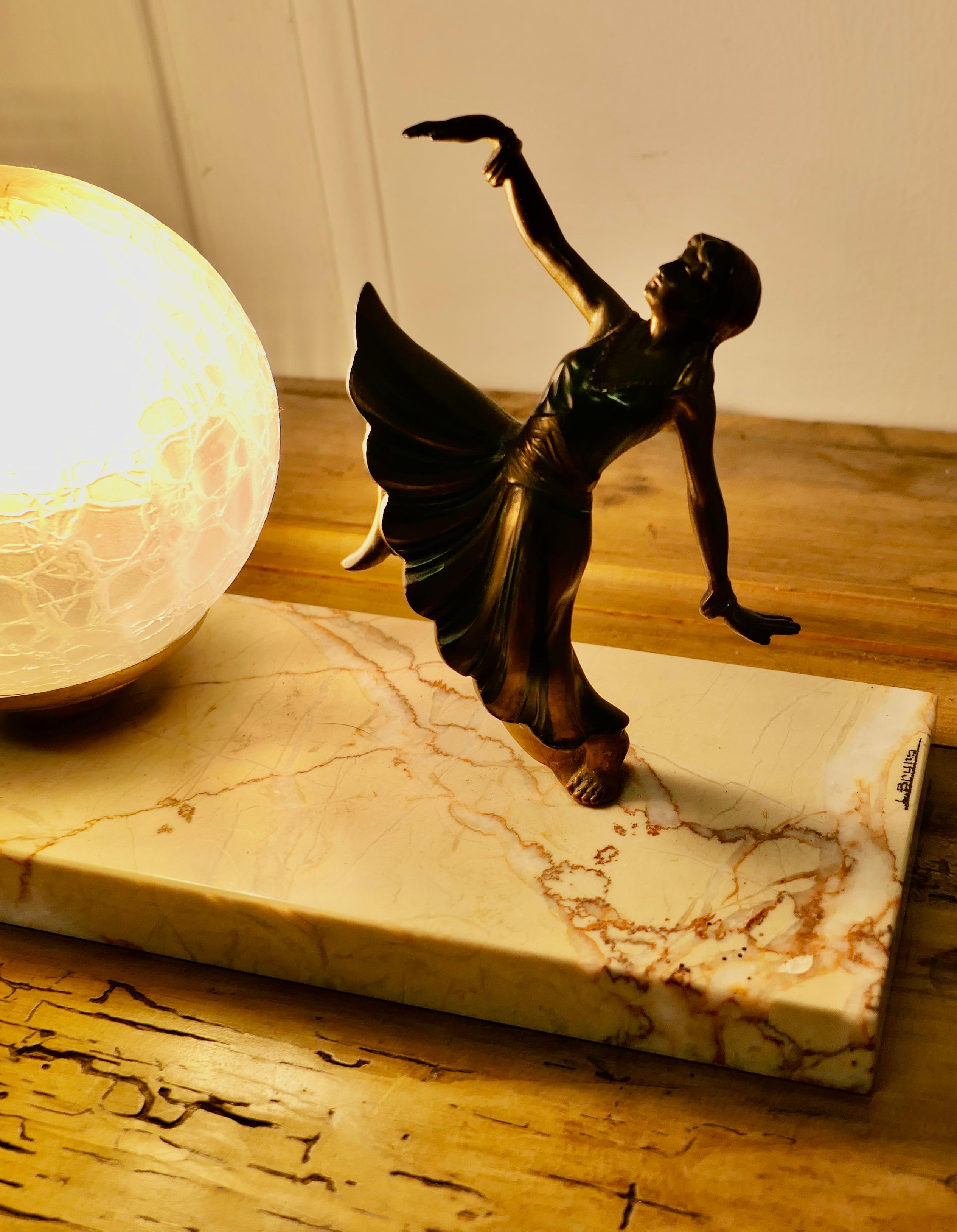 French Art Deco Table Lamp, signed L.Bryrs

The lamp is set on a marble base, the dancer is painted on iron
The lamp is in generally good condition and the lampshade is original
There is a signature on the marble base
All the wiring is good, the