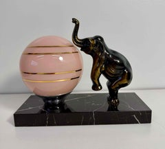 French Art Deco Table Lamp with Elephant Sculpture and Pink Sphere, 1950s