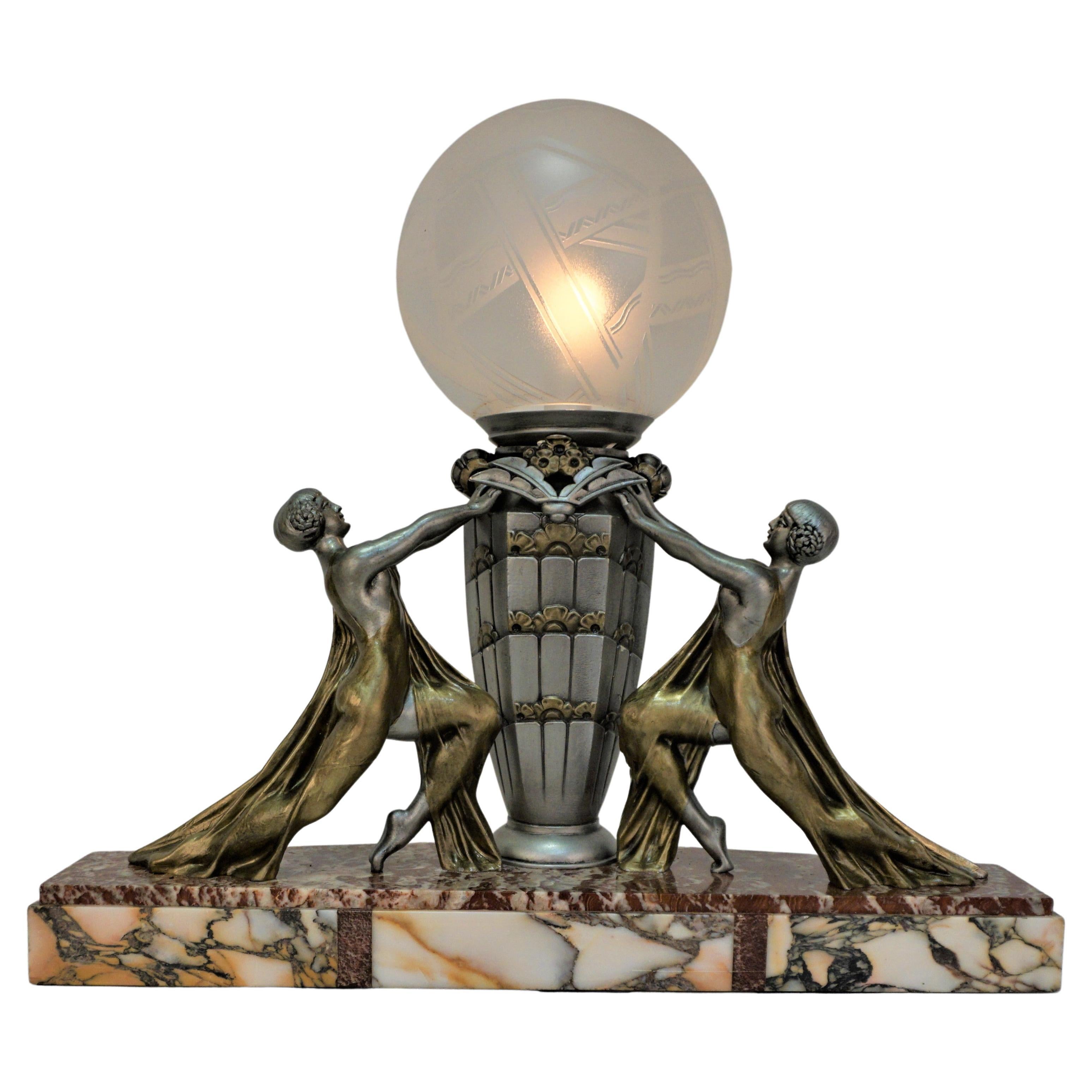 French Art Deco Table Lamp with Etched Glass Shade