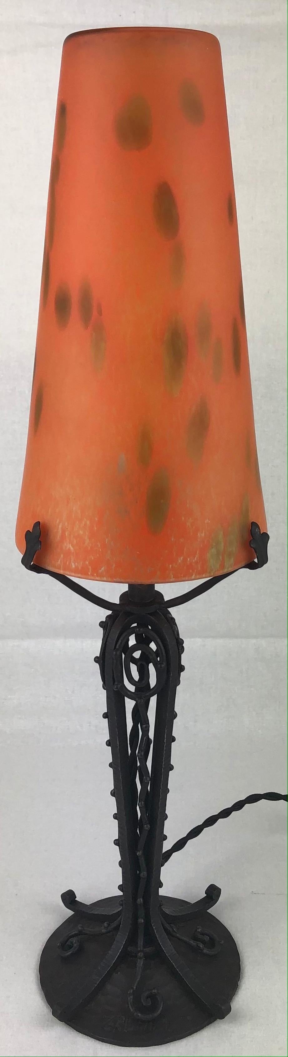French Art Deco Table Lamp with Luneville Pate de Verre Signed Trichard 6