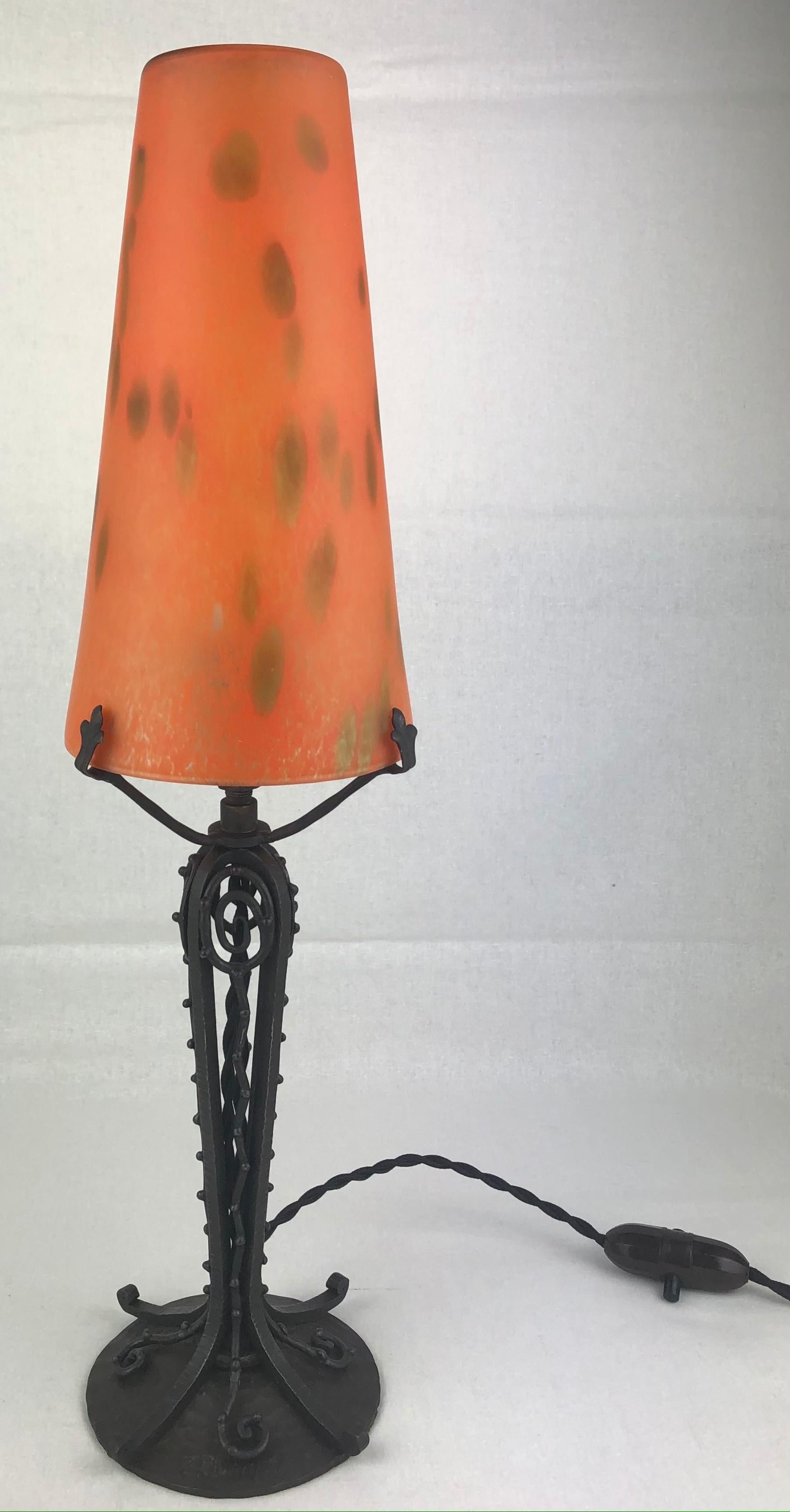Early 20th Century French Art Deco Table Lamp with Luneville Pate de Verre Signed Trichard