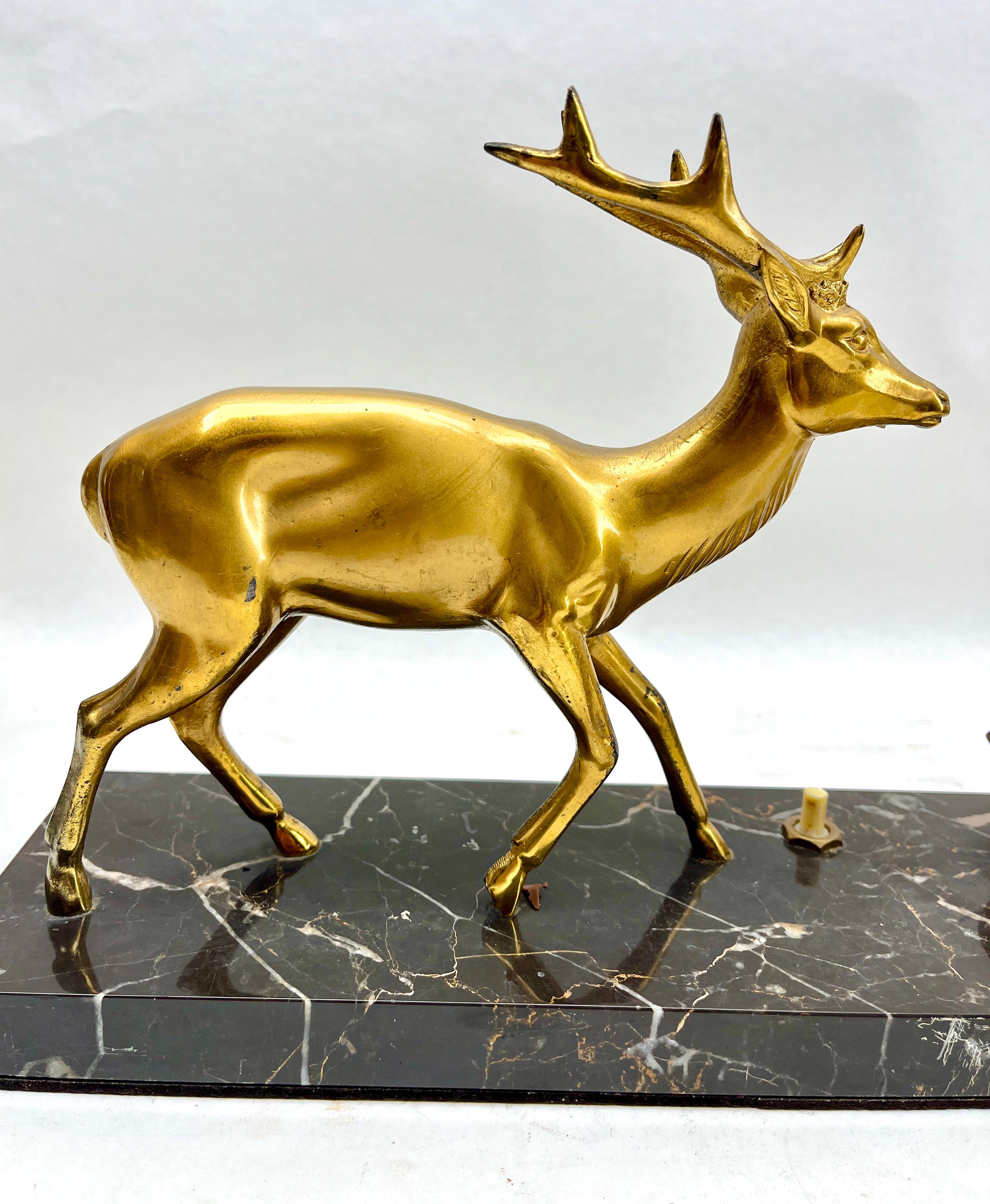 Mid-20th Century French Art Deco Table Lamp with stylized Spelter Representation of a Deer  For Sale