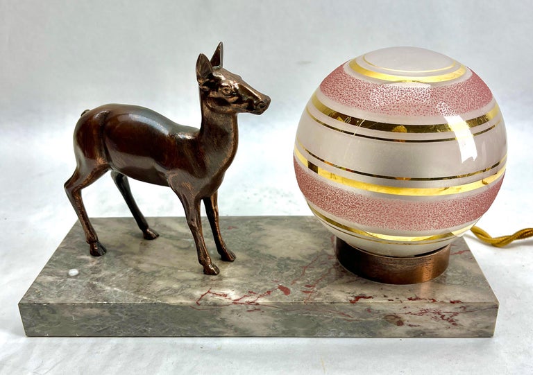 French Art Deco Table Lamp with stylized Spelter Representation of a Deer For Sale at 1stDibs deer representation bronze deer lamp