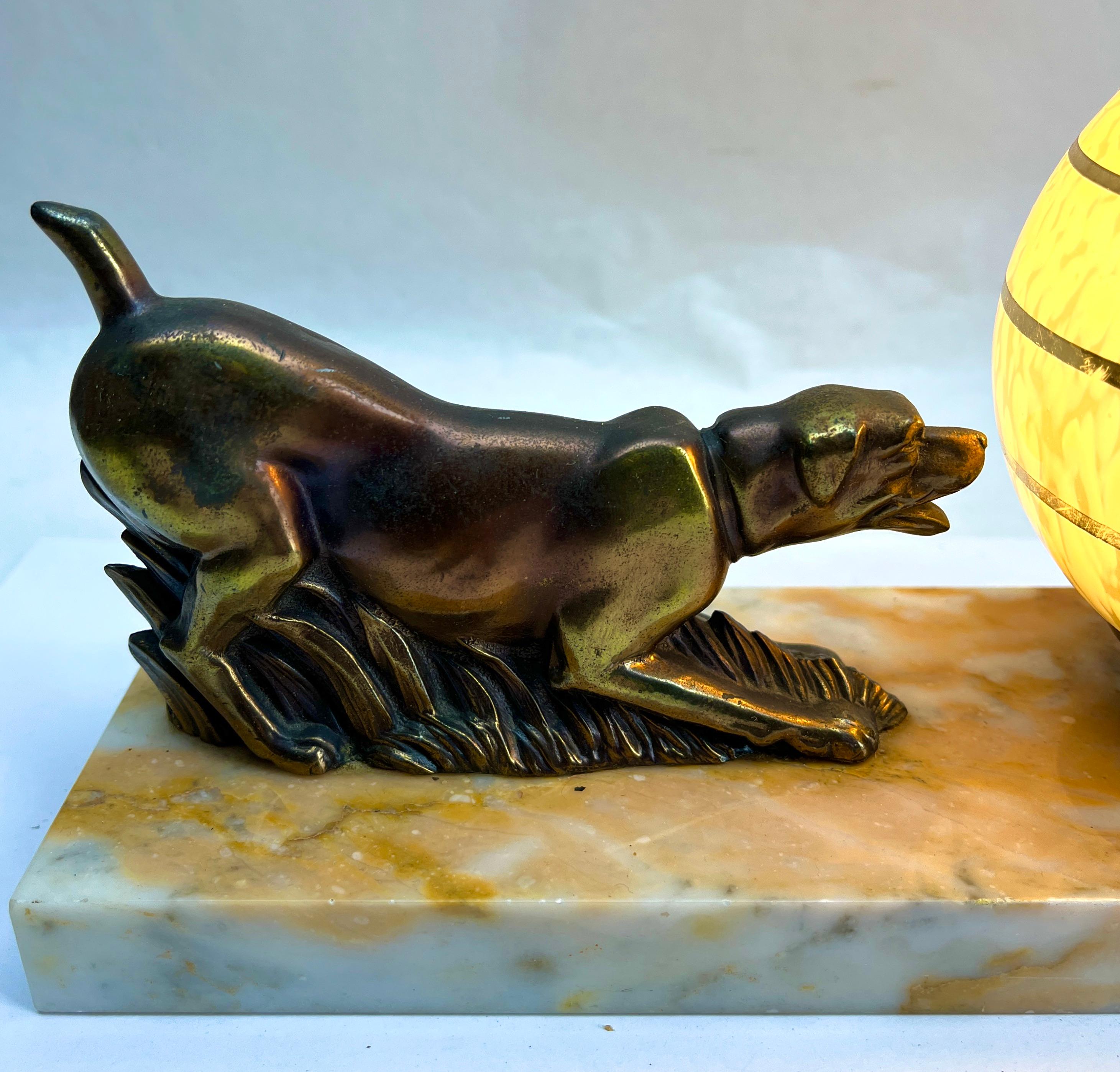 French Art Deco Table Lamp with stylized Spelter Representation of Dog 5