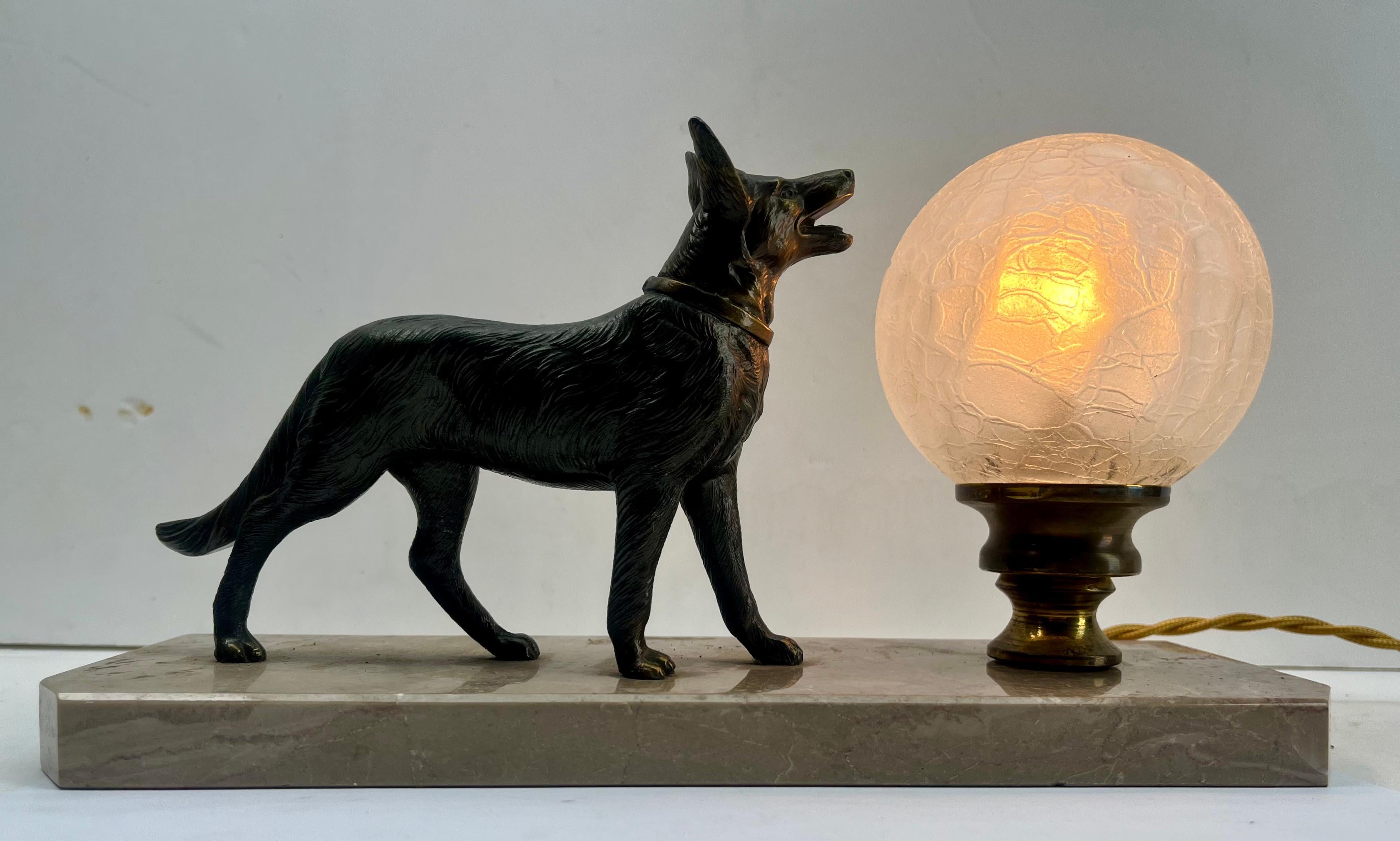 French Art Deco Table Lamp with stylized Spelter Representation of Dog For Sale 7