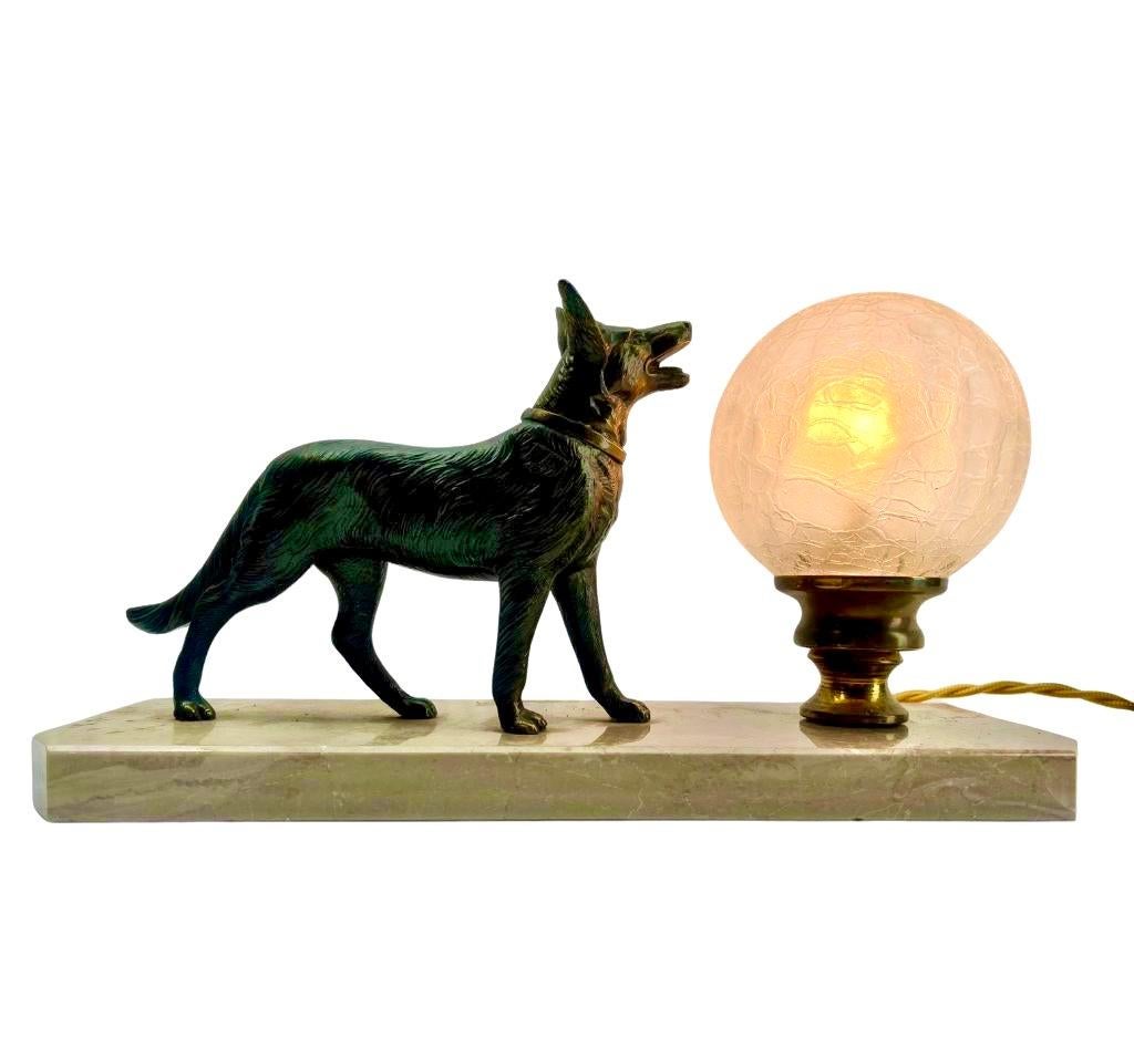 Art Glass French Art Deco Table Lamp with stylized Spelter Representation of Dog For Sale