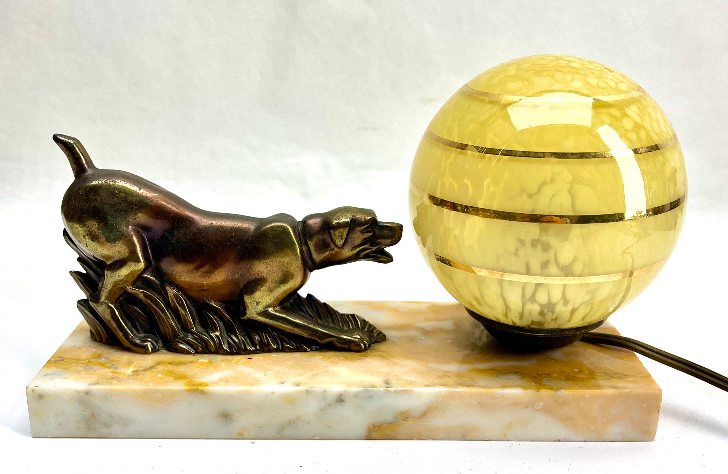 French Art Deco Table Lamp with stylized Spelter Representation of Dog 1