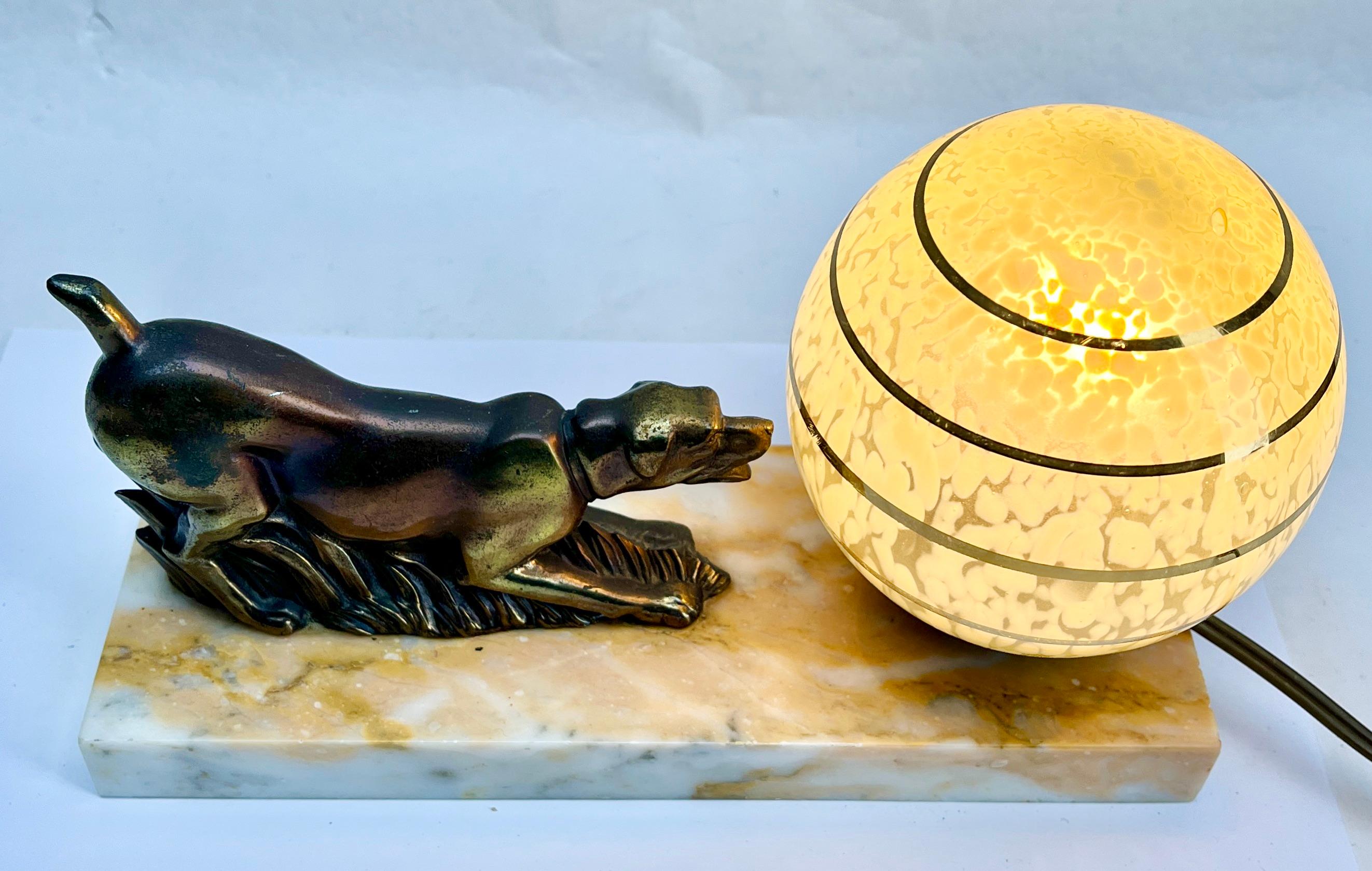 French Art Deco Table Lamp with stylized Spelter Representation of Dog 3