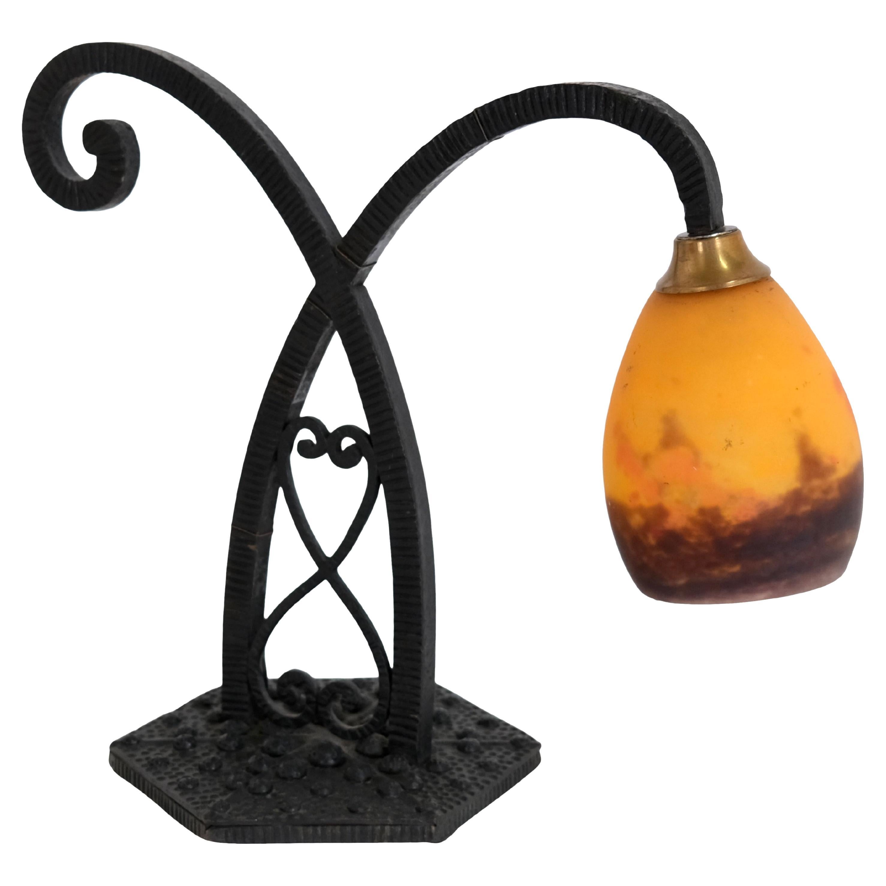 French Art Deco Table Lamp with Wrought Iron Mount and Signed Glass by Degué For Sale