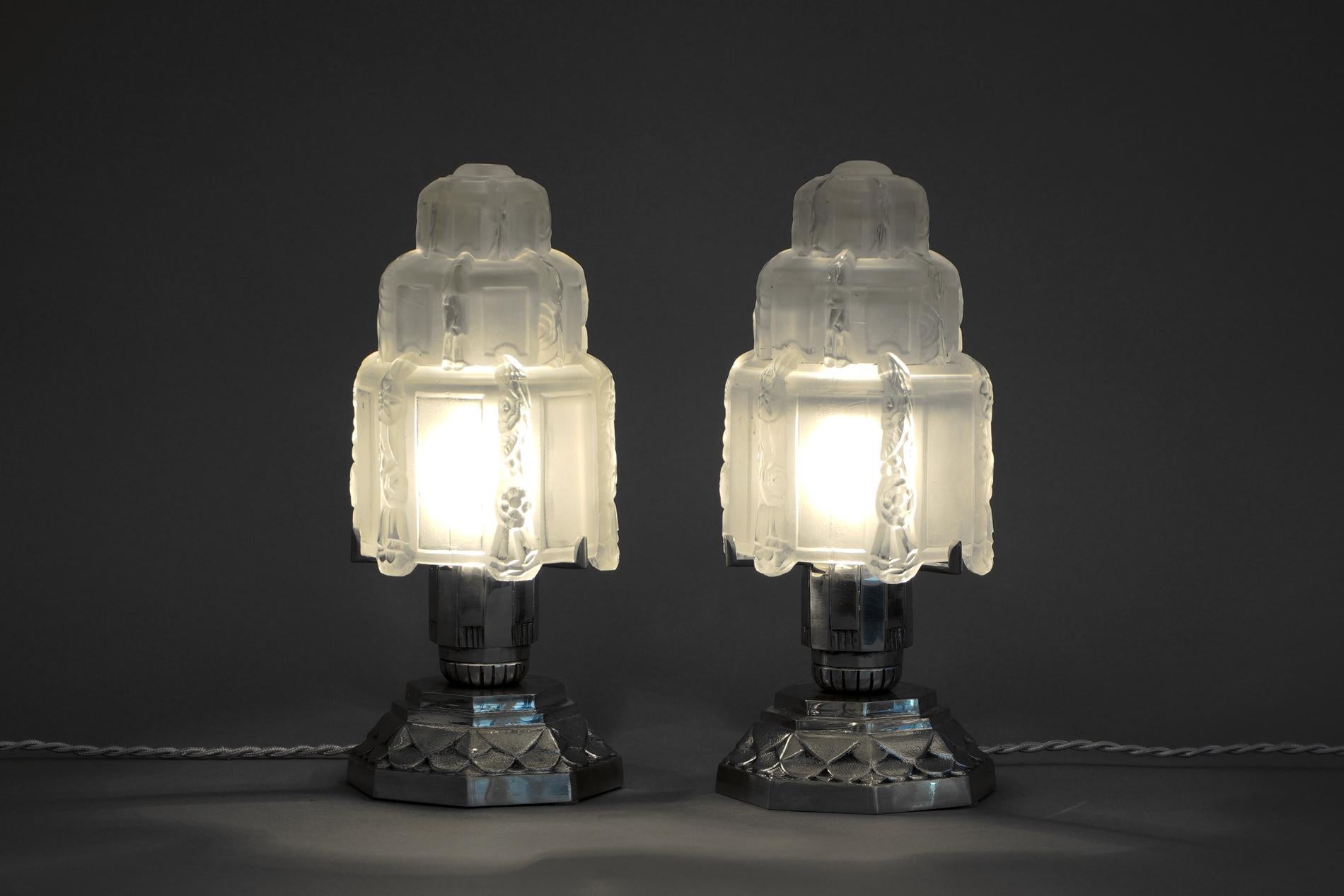Silvered French Art Deco Table Lamps by Sabino