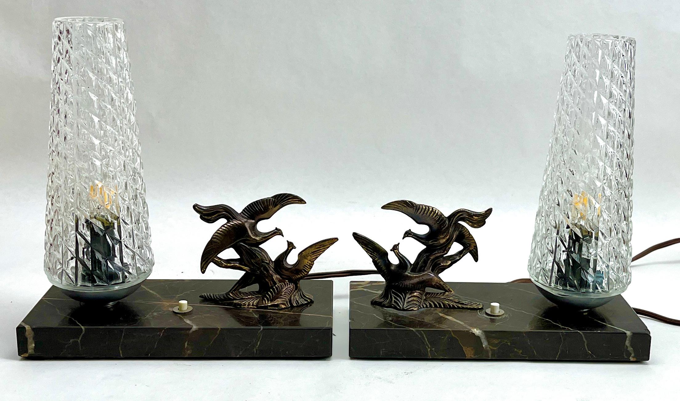 Molded French Art Deco Table Lamps with Spelter Birds Motif For Sale
