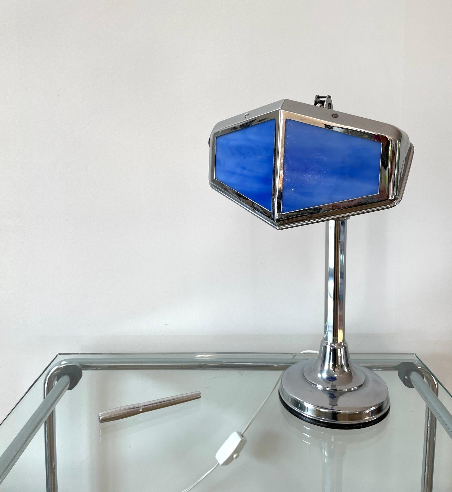 French Art Deco Table Light in Chromed Brass and Blue Paste Glass, Pirouett In Good Condition In Crespières, FR