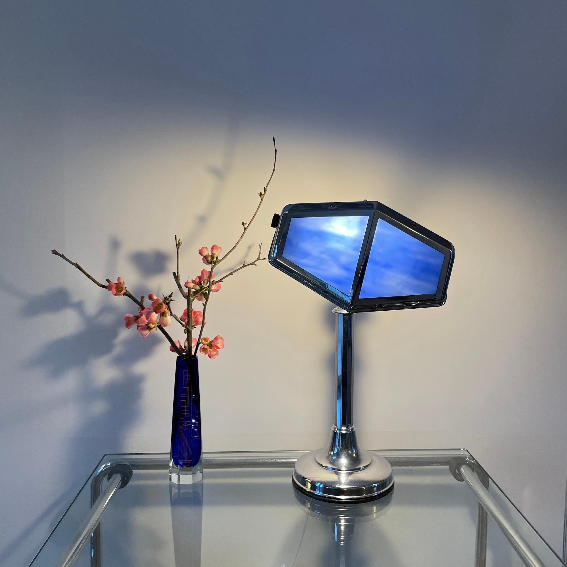 Mid-20th Century French Art Deco Table Light in Chromed Brass and Blue Paste Glass, Pirouett