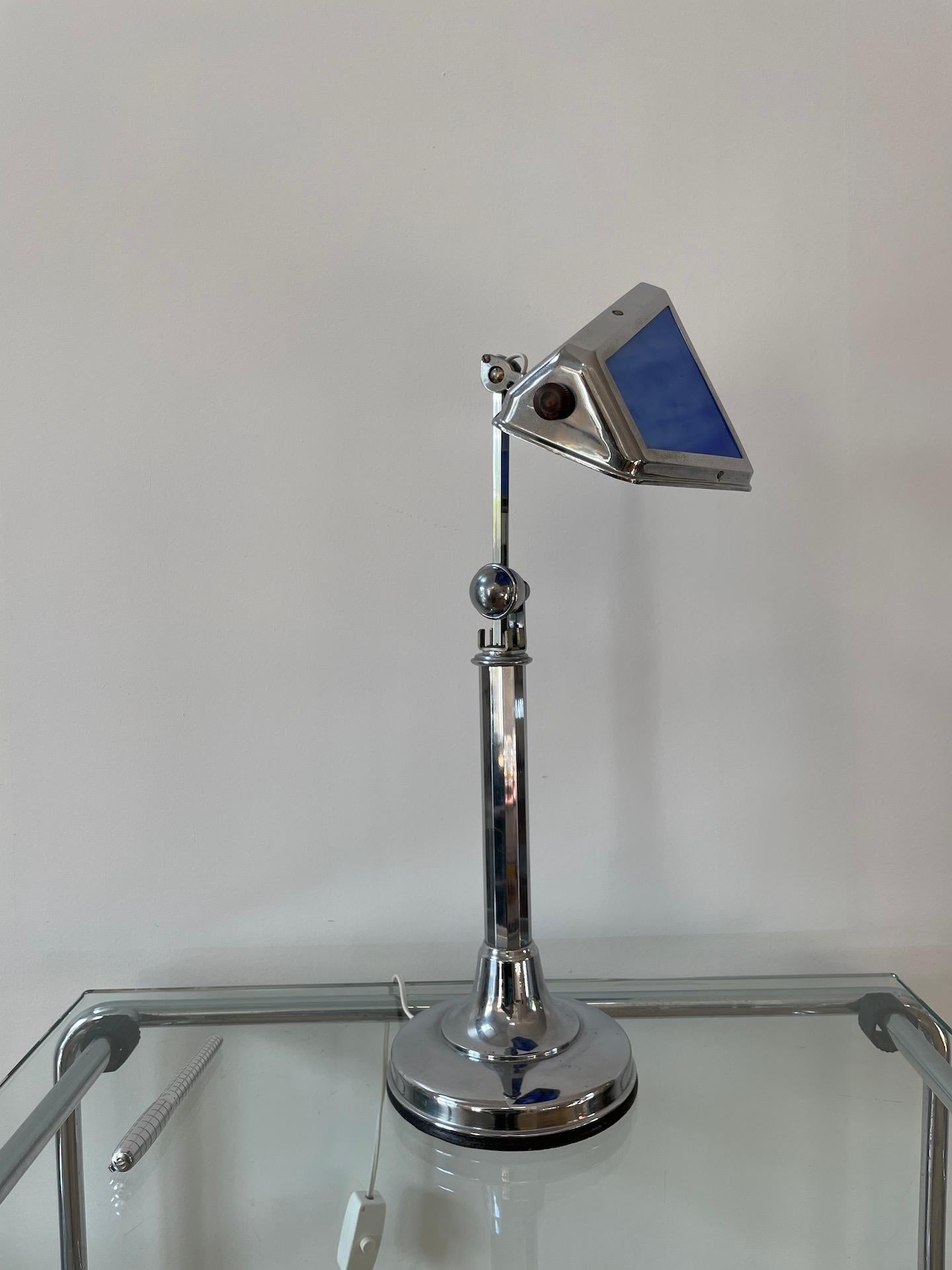French Art Deco Table Light in Chromed Brass and Blue Paste Glass, Pirouett 1