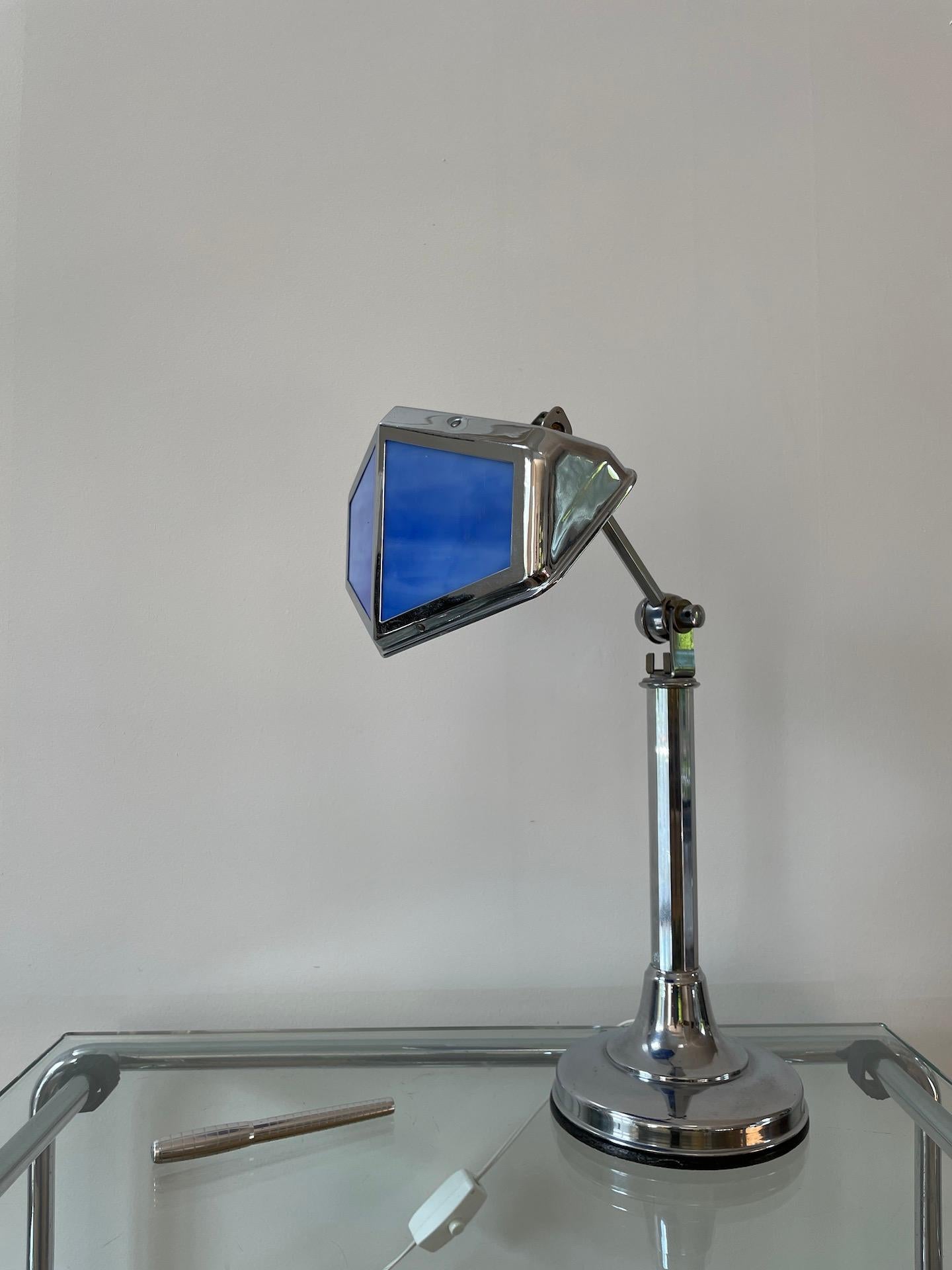 French Art Deco Table Light in Chromed Brass and Blue Paste Glass, Pirouett 2